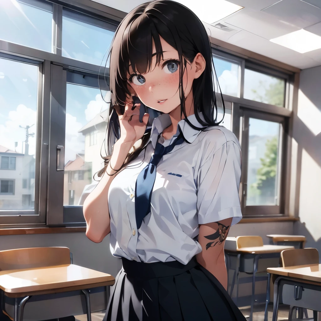 ((Masterpiece)), ((Best Quality)), Absurdly intriguing, 18-year-old girl forgets panties with her skirt, POV, removing school uniform in a classroom setting, exposed wet panties, (Classroom: 1.1), Sunlight streaming in, (Half-closed eyes: 0.4), (Parted lips: 1.4), (Nose blush: 1.2), Light smile gracing her face, (Nervously fidgeting), (Opened shirt), Tattoo model presents her body for work, but shockingly, she has no tattoos at all. Realistic rendering of every detail, from her freckles to the