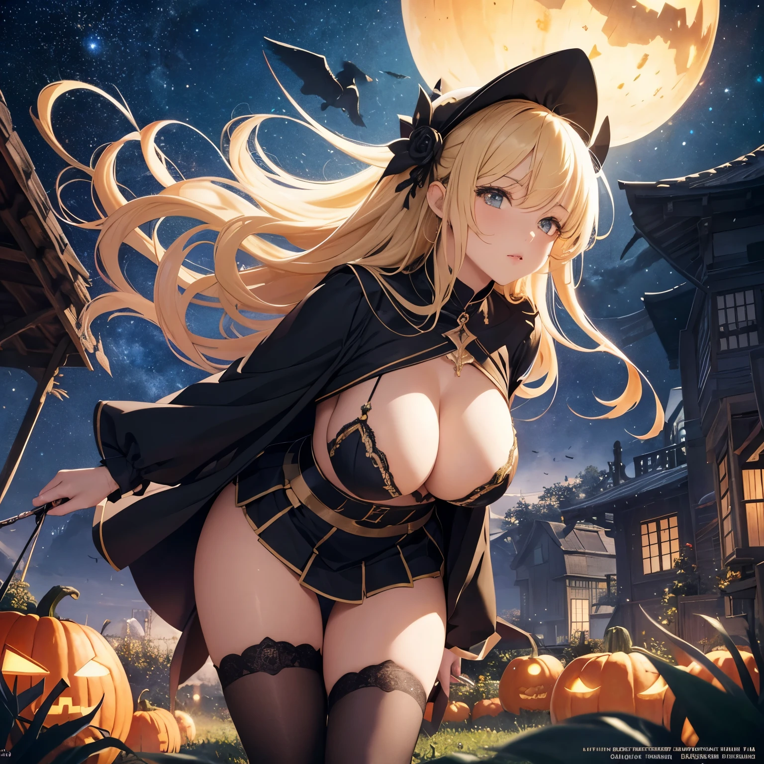 Adrienne Segur, Heikala, Surreal, mysterious, strange, fantastical, fantasy, Sci-fi, Japanese anime, giant pumpkin in the pumpkin patch, airship in the starry sky, beautiful blonde miniskirt girl Alice looking up, perfect voluminous body, detailed masterpiece sexy erotic provocative body