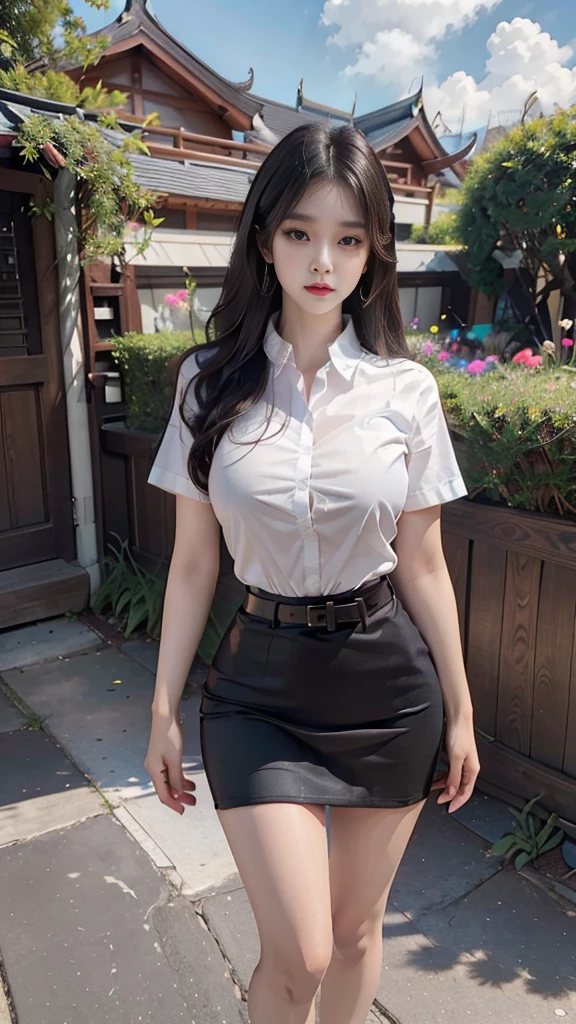 highest resolution, 8K, high definition, นักศึกษาthailand, woman, half-caste, thailand, Japan, Korea, Height 173 centimeters, ((stand)), (Beautiful face, แต่งBeautiful face, Double eyelids, red lips), (black hair, long hair long hairมาก, long hairตรง, long hair), (womanที่สวยงาม, The texture is realistic.), (white short sleeve shirt thin shirt, collar shirt, With metal buttons), (Huge breasts, Breast augmentation, big breast, Big tits, plump tits, Fluffy milk, Huge breasts), (short black pencil skirt, Very short, Side incision, กระโปรงพร้อมbeltwoman, tight), (Symmetrical shape, sexy figure, small waist, Long legs, Beautiful thighs), (Pitch black high heels, earring, Put on a watch, belt), full body photo, Look at every part of the body., (university backdrop, Building Building, university building, lawn, outdoor sports field, garden)
