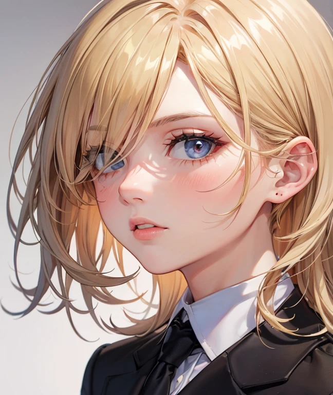 Portrait of a European girl,Single,20 years,Beautiful Face,Object of Obser,hair over one eye,Medium side cut, Blonde hair, Intense focus,Black business suit