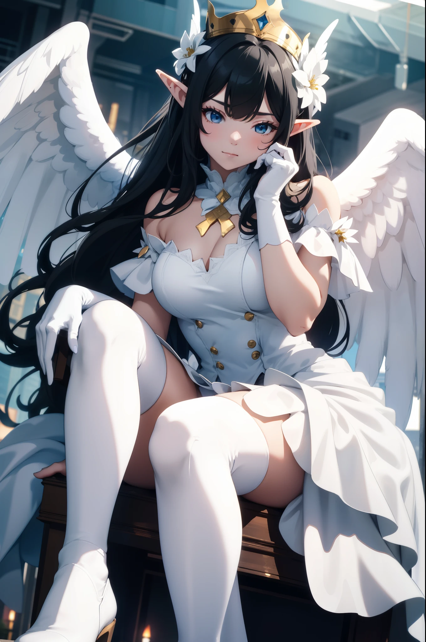 giant girl 50,000 feet high,Weight 1000kg,Has a pair of long legs,Open your eyes wide,Has a pair of huge white angel wings,With huge devil horns on his head,crown on head,Elf wearing white earrings,She has long black hair that reaches her feet,loose hair,Black wavy long curly hair,Wearing a pair of white boots,White lace gloves,White long skirt with tail,Long skirt with bow and star decorations,sitting on a tall building,Beautiful appearance,Exquisite makeup,quality,8k,高quality,Perfect proportion, Cinema lighting,film grain,Fuji colors,8k,textured skin,Super details,high detail,high resolution,Domineering,Strong,charming,blood stains,脚底有blood stains,whole body,Obese,elf princess,feather,flowers