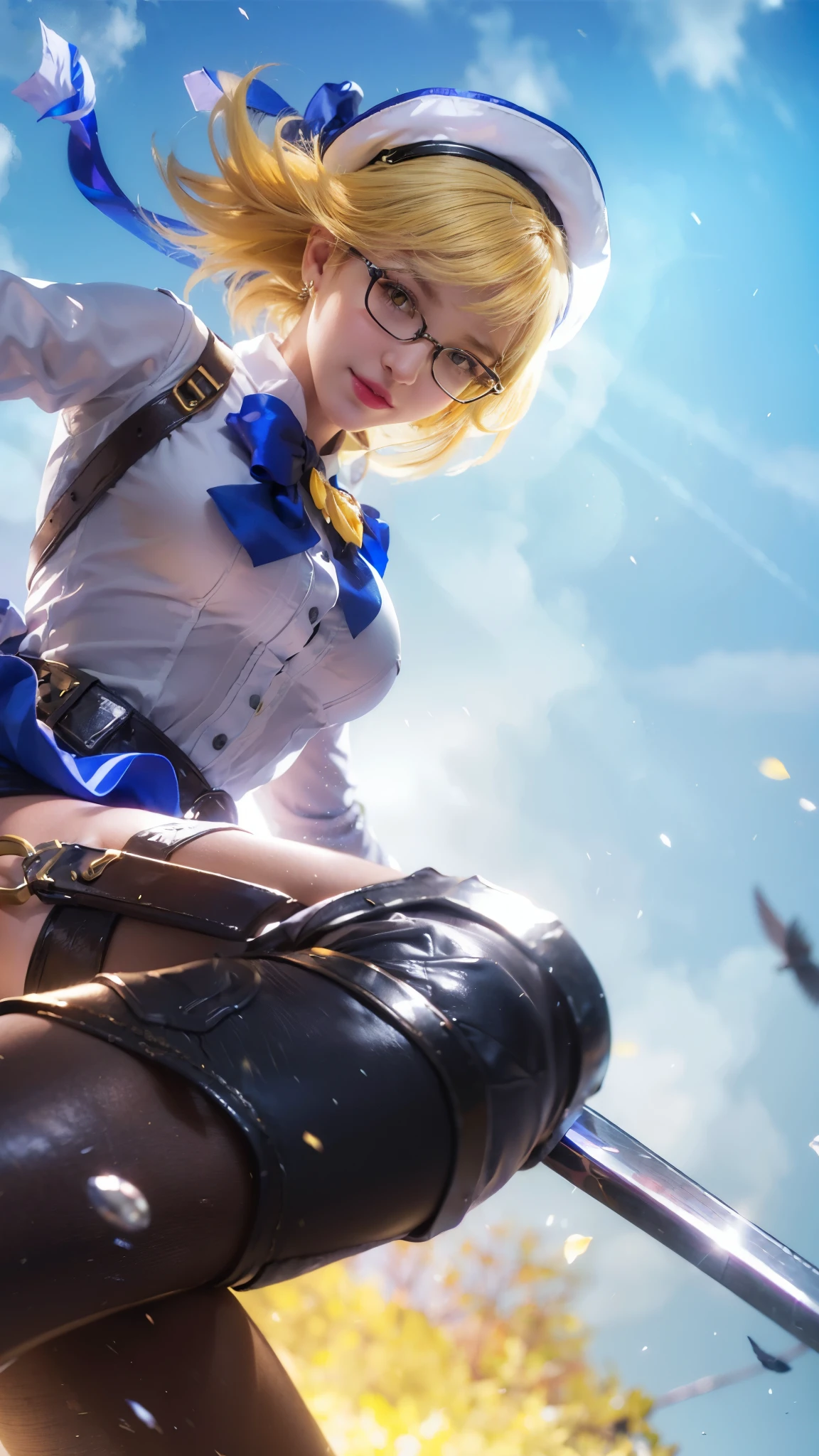 (female:1.2), 8k, ultra hd, ultra detailed texture, hyper realistic, masterpiece, detailed texture, detailed face, detailed skin, detailed lighting, (photorealistic:1.5), best quality, beautiful lighting, cinematic lighting, professional lighting, ultra highres, realistic, detailed hair, real hair, high quality, (realskin:1.5), extremely detailed, finely detail, ultra-detailed, 1girl, solo, (yellow eyes:1.5), glasses, black-framed eyewear, pink lips, parted lips, smile, teeth, white skin, nose, pretty, beautiful, make up, cute face, short hair, yellow hair, bangs, large breasts, thigh, ass, white uniform, blue skirt, black short pants, black legwear, iron knee armor, Long sleeve, sword, (holding sword), dual wielding, planted sword, blue bow, white beret, boots, fanny \(mobile legends\), knife in the thigh, depth of field, looking aways, skin tight, amazing pose, glowing, cloud, sky, outdoors, bird, fire, from below, blurry background