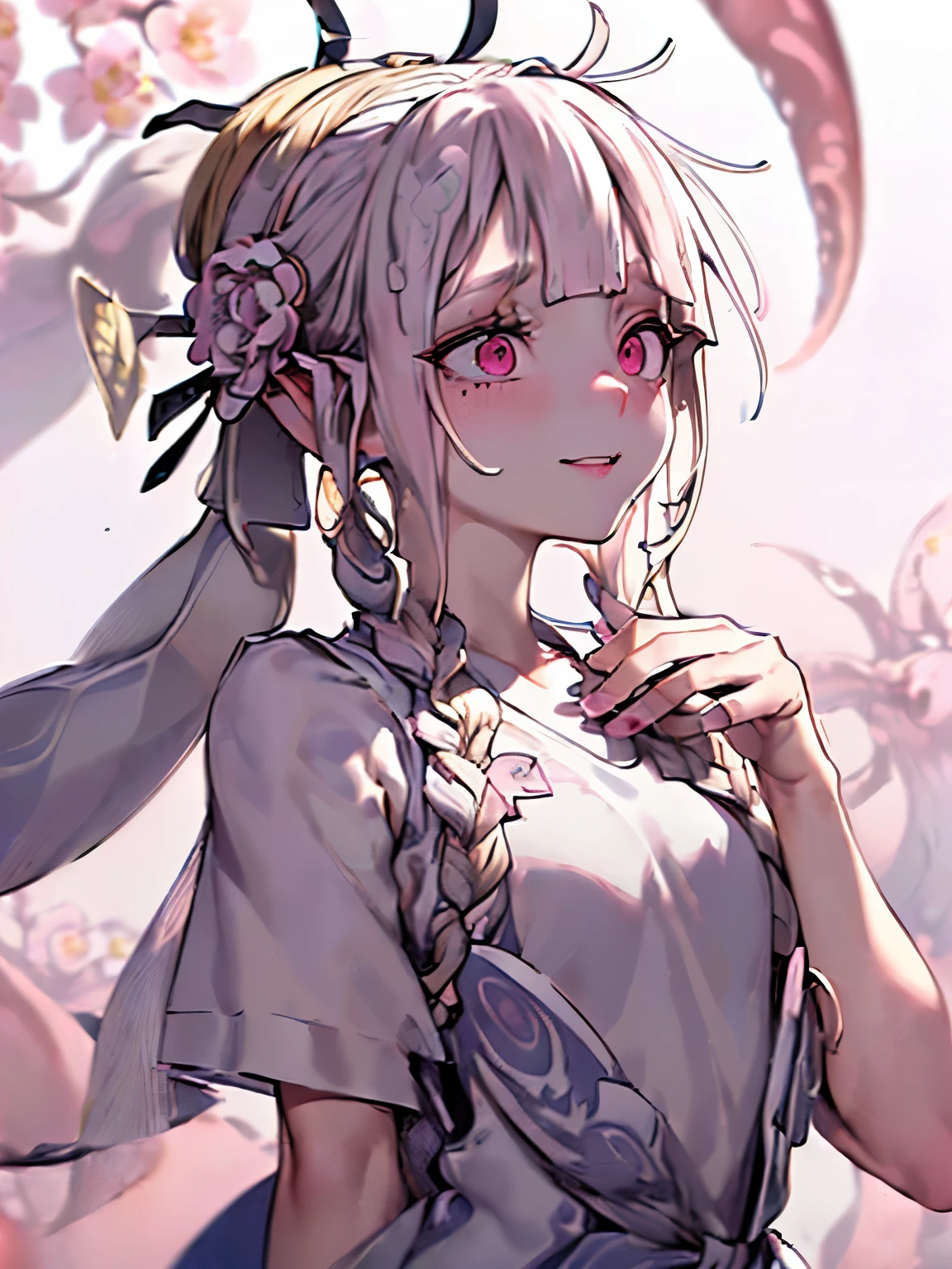 (thin blonde hair:1.2),(braided long hair:1.3),(hair tied up loosely:1.25),(big ribbon:1.3),(pink eyes:1.4),(Eye size:1.5),(sphere accessories:1.3),((Toga fashion:1.4)),(Background full of blooming flowers:1.5),(blush),(upward glance:1.3),(small breasts:1.4),((focus on face:1.5)),((look up:1.25)),(fashion color White、darkBlue、pink:1.3),(smile:1.2),(Tentacles tangled:1.6),((dripping :1.2)),(nsfw)