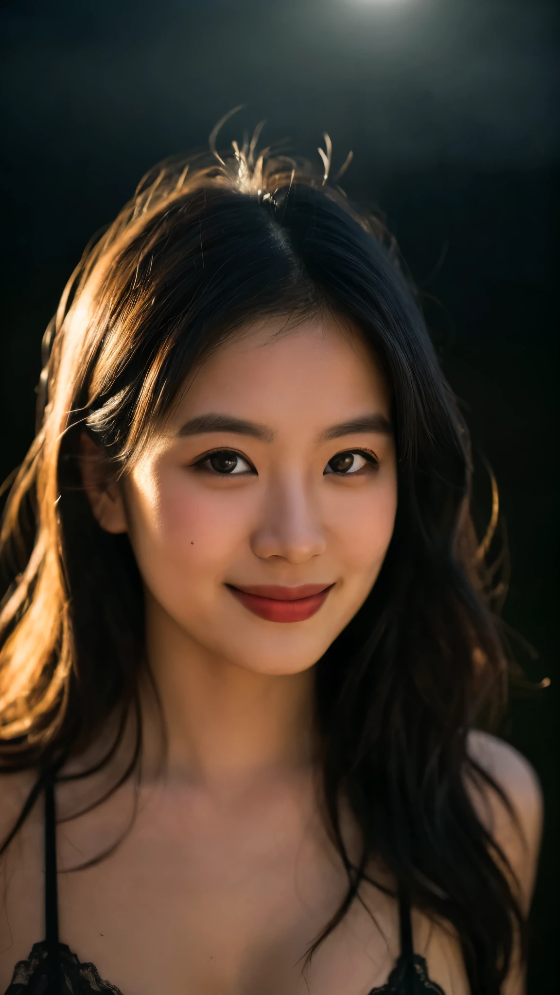 highest quality, epic realistic, ((in the pitch black darkness :1.4)), ((portrait:1.5)),(background: dark ) high contrast ,glorious picture, lowest lux, lighting face, she's comfortable, wearing lingerie, looks incredible, (8k, Raw photo, Highest quality),(epic realistic:1.5), a woman, face,(detailed eyes:0.8),(looking at the camera:1.4), (Highest quality), ( high contrast, deep shadows),Intricate details,cinematic,((skin:1.4)), (long dark hair:1.3), long hair, messy ,(Hdr:1.5),Detailed, colors, Superior quality, Masterpiece, Raw Photo (20-year-old, looking at viewer), beautiful, (wearing underwear,), perfect, natural, perfect composition, portrait, perfect face, smiling expression, Captivating eyes, Bright details, Tight lips, (High Skin Detail),, (blue tint: 0.6), (sale: 0.8), (bloody: 0.7), Key lighting , (backlight: 0.5), Medium depth of field, Canon 5d, 50mm lens, f/4 apertures, (Ultra-detailed, Complex detail), sharp focus, soft colors, 8k, Absurd, 80mm, dark background, photography, smiling, medium ,