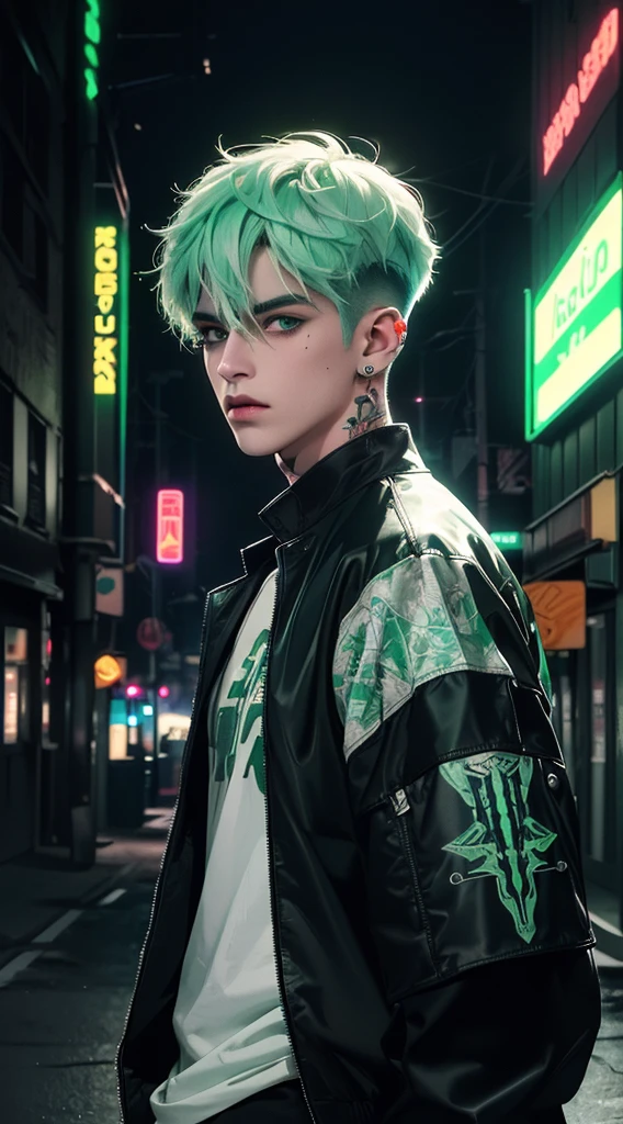 (Best quality, 8K, masterpiece, HDR, soft lighting, perfect image, digital illustration, boy, white green hair, cool black open short jacket, tatoos, messy fade cut hair, crazy, on futuristic neon night street background, vibrant colour
