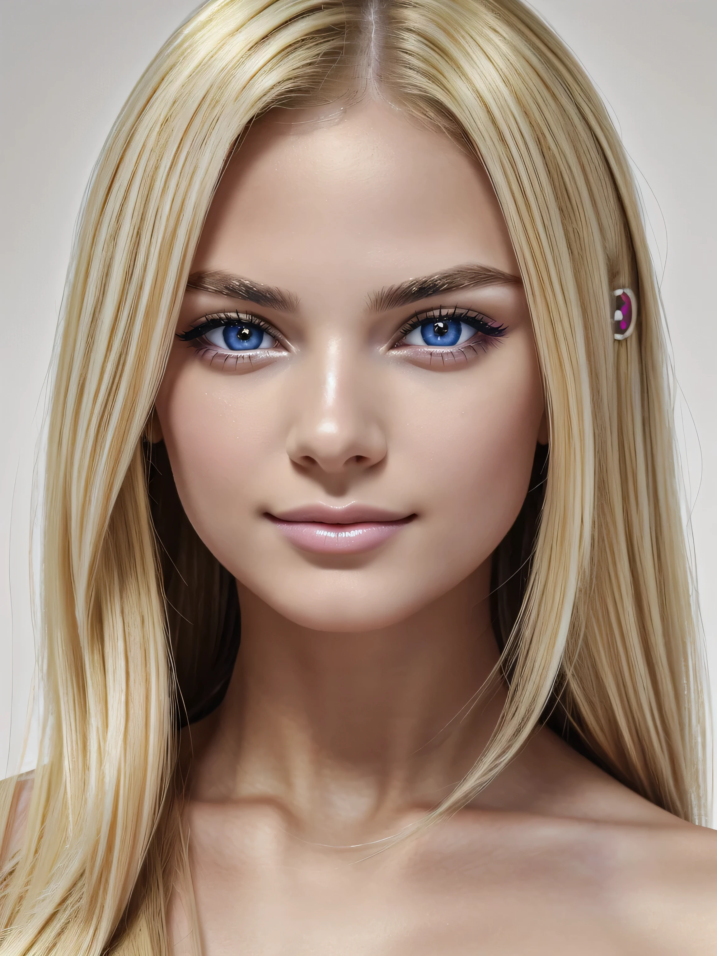 ((Beautiful) attractive cute:1 young woman), very_cute, (small_nose:1.2, thin_nose:1.5, delicate_nose:1.5, pointed_nose_tip:1.5, symmetric_nose), round_chin:1, short_jaw:1, round_jaw:1, long_hair, straight_hair, (blonde_hair:1.5), (blue_eyes:1, ocean_blue_eyes:1), cheek_dimples:1.3, round_cheeks:1.2, (very_small_eyebrows:1.5), (1Woman:1.5, (Masterpiece, 8K, best quality, highres:1.5), three-quarter_shot:1.5, looking_at_viewer:1.5, body_looking_at_viewer:1.5, white_photoshoot:1, white_room:1, white_backdrop:1.5, standing, neutral_body_posture:1.5, neutral_facial_expression, wearing white_strapless_mini_dress), short_woman, small_woman, skin_texture:1.2