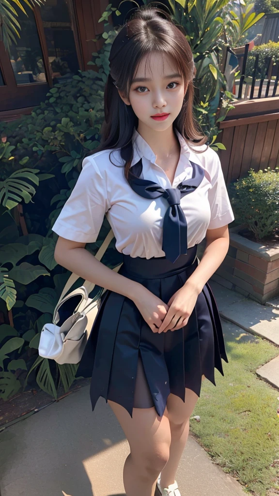 highest resolution, 8K, high definition, นักศึกษาthailand, woman, half-caste, thailand, Japan, Korea, Height 173 centimeters, ((random gesture)), (Beautiful face, แต่งBeautiful face, Double eyelids, red lips), (black hair, long hair long hairมาก, long hairตรง, long hair), (womanที่สวยงาม, The texture is realistic.), (white short sleeve shirt thin shirt, collar shirt, With metal buttons), (Huge breasts, Breast augmentation, big breast, Big tits, plump tits, Fluffy milk, Huge breasts), (short black pencil skirt, Very short, Side incision, กระโปรงพร้อมbeltwoman, tight), (Symmetrical shape, sexy figure, small waist, Long legs, Beautiful thighs), (Pitch black high heels, earring, Put on a watch, belt), full body photo, Look at every part of the body., (university backdrop, Building Building, university building, lawn, outdoor sports field, garden)
