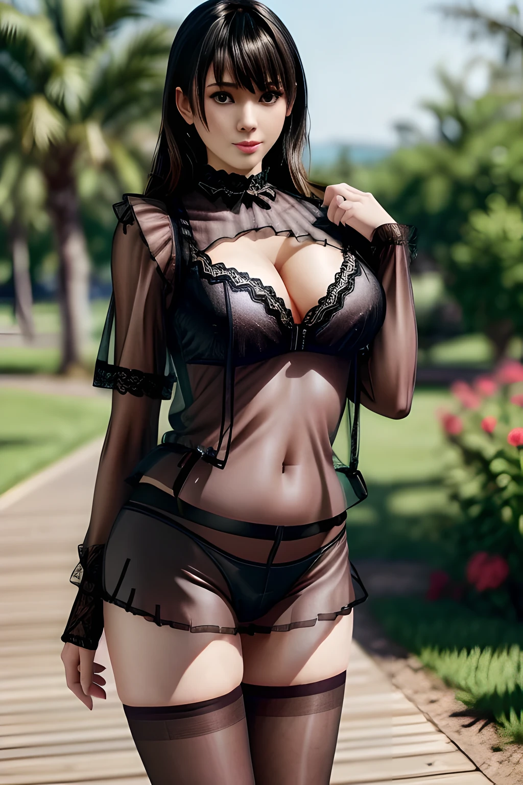 1 girl,seven waves,(pantyhose,( Lace vest), (see-through shirt:1.4) shirt),outdoor, (permanent,Sexy model pose:1.2),jewelry,Lips slightly open, lustful smile, red lips,huge breasts,Charming cleavage,((8k, original photo, top quality, masterpiece), HD RAW color photos professional close-up photos), (actual, photorealism: 1.37), (best quality), (best shade), ((erotic, Sexy), ultra high resolution, HD CG unified 8K wallpaper, alone,