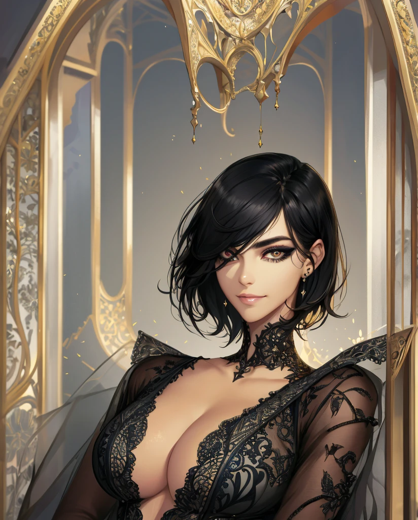 (absurd, high resolution, super detail), beautiful girl, intricate details, enlarged textures, intricate details, fine eyes and detailed face, intricate details, black hair, (closed mouth), perfect eyes, matching eyes, well-formed lips, pretty face, dark eyeliner, shiny skin, moaning, pleasure, short hair, amber eyes, full body shot