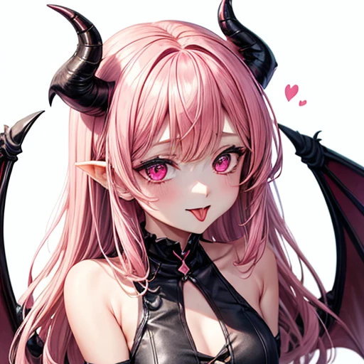 1girl, demon, devil, lust demon, revealing clothes, wings, pink demon, black sclera, tongue out, white background