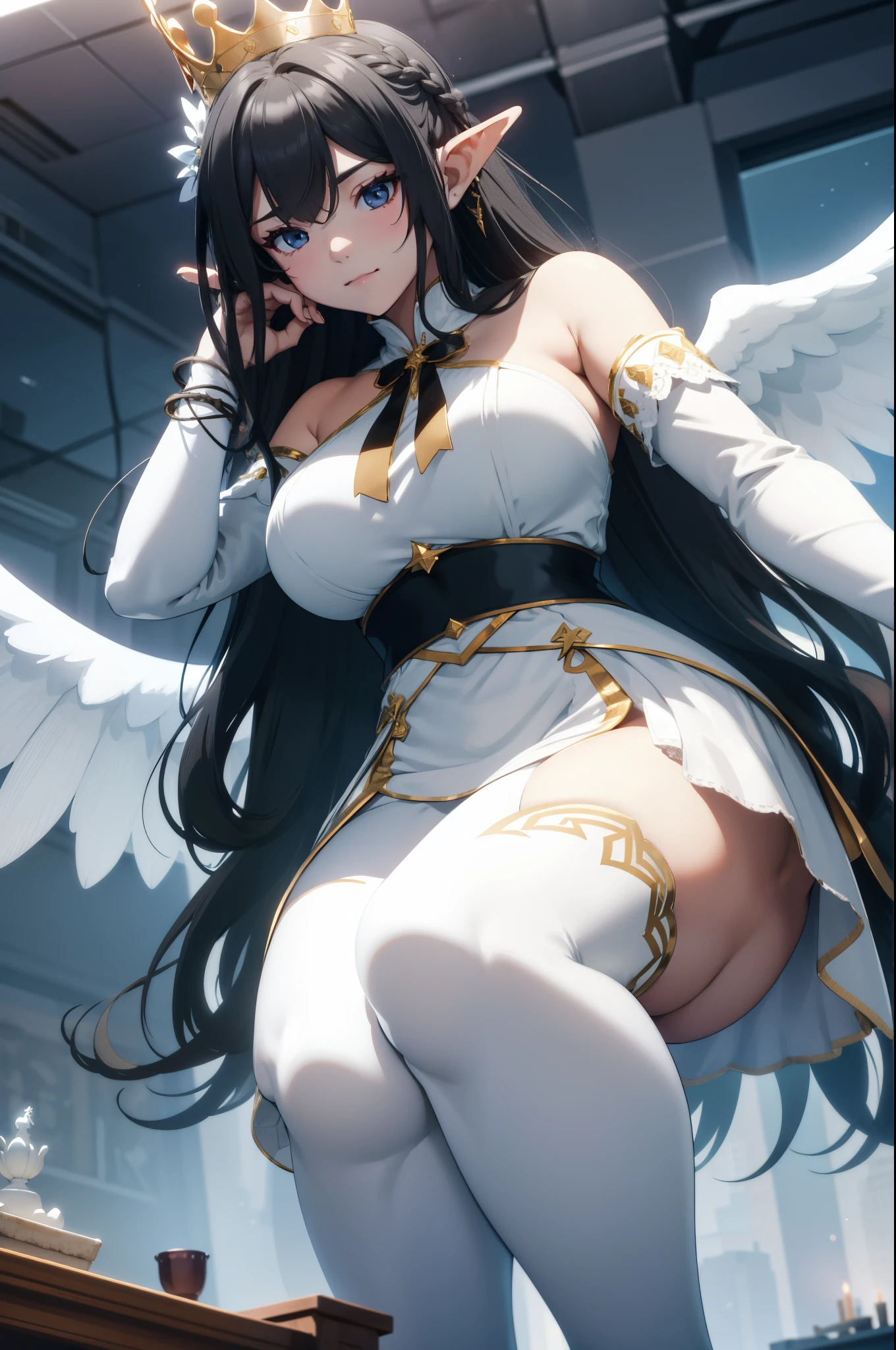 giant girl 50,000 feet high，Weight 1000kg，Has a pair of long legs，Open your eyes wide，Has a pair of huge white angel wings，With huge devil horns on his head，crown on head，Elf wearing white earrings，She has long black hair that reaches her feet，loose hair，Black wavy long curly hair，Wearing a pair of white boots，White lace gloves，White long skirt with tail，Long skirt with bow and star decorations，leaning on a tall building，Beautiful appearance，Exquisite makeup，quality，8k，高quality，Perfect proportion, Cinema lighting，film grain，Fuji colors，8k，textured skin，Super details，high detail，high resolution，Domineering，Strong，charming，blood stains，脚底有blood stains，whole body，Obese，elf princess，feather，flowers