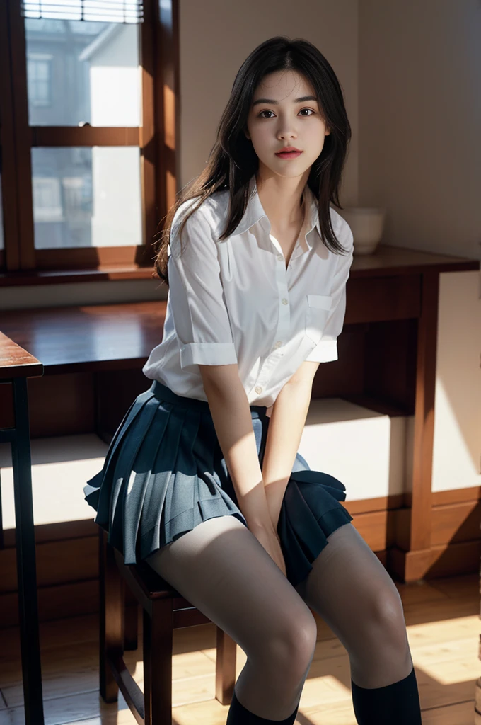 ultra realistic 8k cg, picture-perfect face, flawless, clean, masterpiece, professional artwork, famous artwork, perfect face, beautiful face, beautiful eyes, ((perfect female body)), solo,(immersive atmosphere, chiaroscuro:1.5,bright light:1.2,luminous lighting)
,,(blush:0.5),seductive expression,extremely detailed_eyes,thick thighs,large breasts,
beautifully detailed background,depth of field,realistic:1.3, long shot,1girl,shirt,pleated skirt, school uniform, sitting, full body,
(ambient light:1.3),(cinematic composition:1.3),(neon lights:0.1),(HDR:0.1),Accent Lighting, white pantyhose,