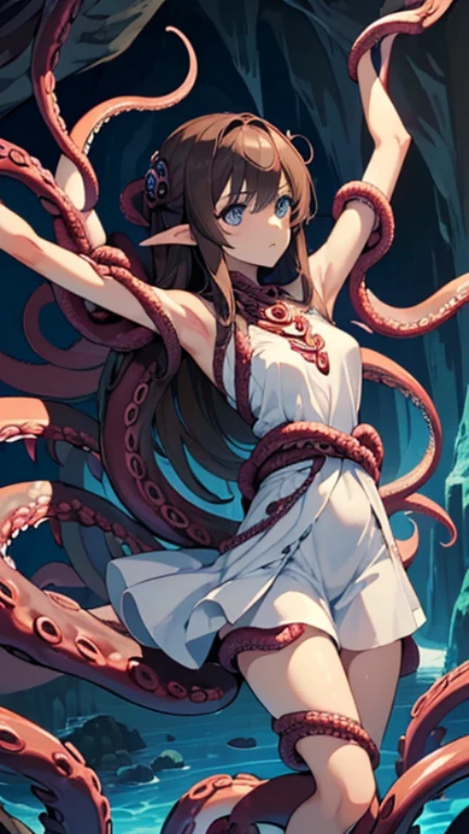 ((masterpiece)), ((best quality)), (ultra-detailed),(in the cave),(monster),(((many tentacles wrap arotnd the body))),a cute girl, 1girl, solo, (white girly dress),((many tentacles bound arms)), ((thin waist)),large breast, slim, slender,beautiful brown hair, beautiful blue eyes, (beautiful eyes), long hair,troubled expressio