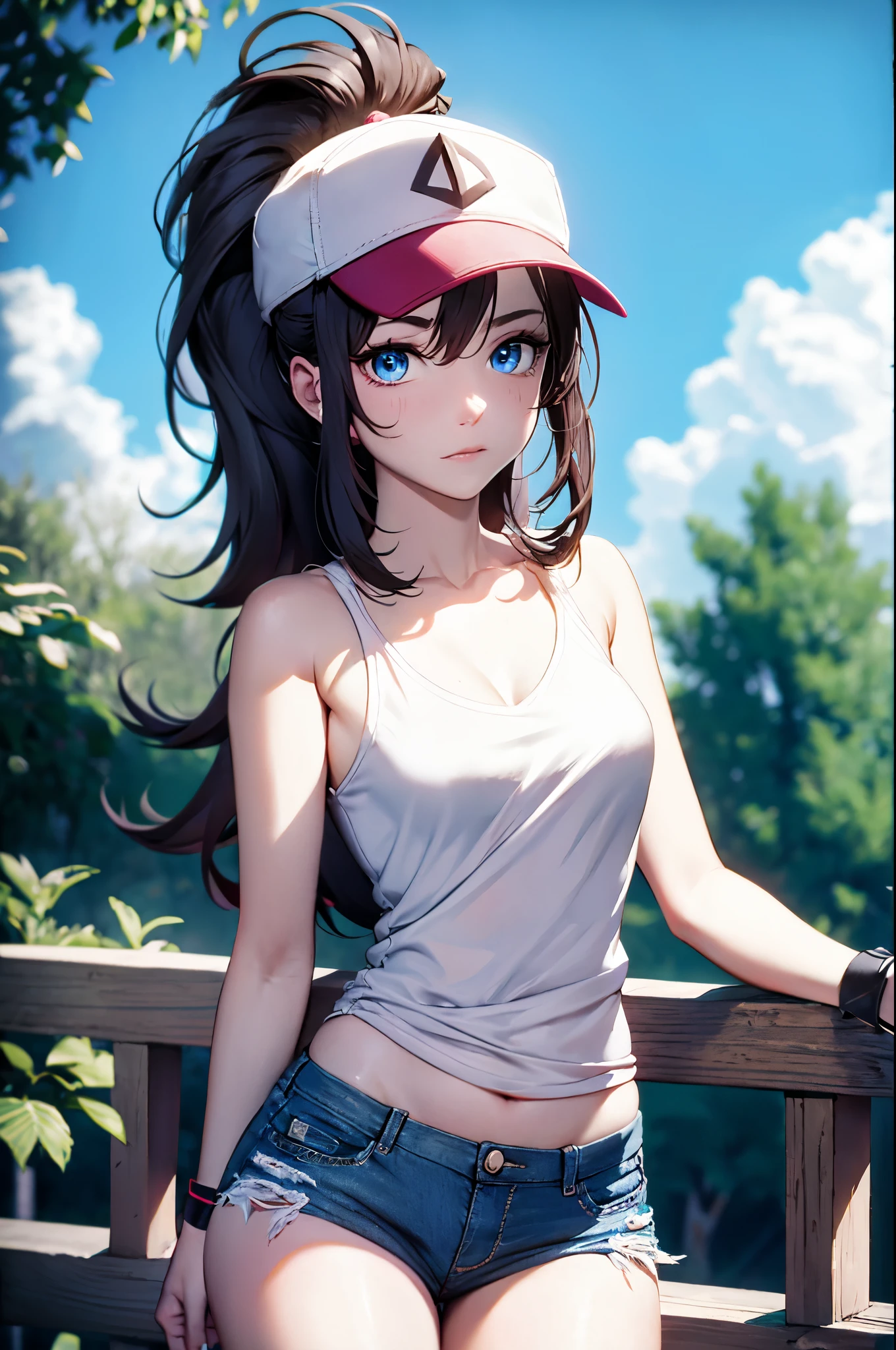 detailed, (masterpiece:1.2), (pale_skin:1.2), (solo:1.2), (female), (emphasis lines:1.3), slender, (brunette), outdoors, sky, bare shoulders, collarbone, wristbands, leaves, trees, blue eyes, ponytail, (sleeveless white shirt), ripped denim shorts, (cap), headwear, (adult:1.3)