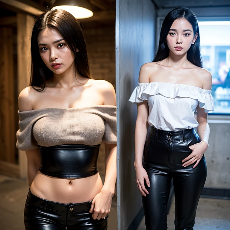 first quality, Ultra High Resolution, masterpiece, (fotorealisztikus: 1,4), szólófókusz, (thin body, Huge breasts young woman: 1,3), photography, (medium wide shot cut legs: 1,3), three-quarter view pose, (cinema lighting: 1.2), lively, Bright colors, Detailed face, detailed eyes, long black hair, (off-shoulder shirt, leather trousers: 1.2), (dark cellar with concrete walls: 1.1)