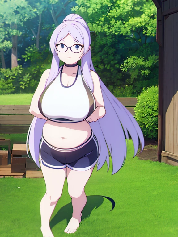 A full body image of a pregnant girl wearing a sports bra, very thight shorts and glasses, she's standing barefoot and has very big breasts, long hair and a pretty thick body