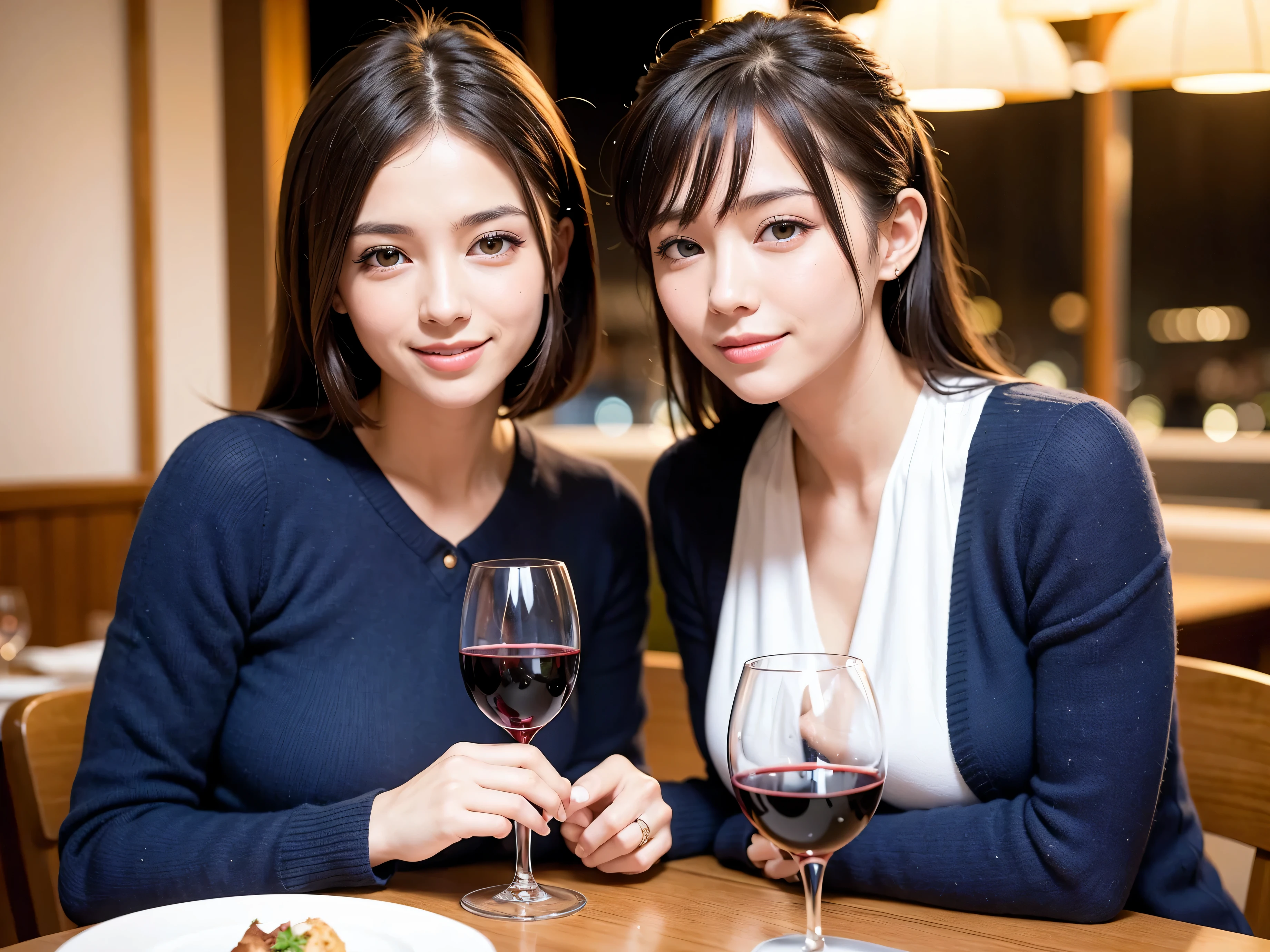 (including 64k, nffsw, highest quality, table top: 1.2), (realistic, photorealistic: 1.37), long sleeve shirt、winter fashion、Colombia、Brazilian、Japanese、Dutch、German、Portuguese、Belgian、Italian、french,champagne、Sparkling wine、 (slimフェイス), (slimボティ), (brown hair), (shortcut), Neat beauty、cheeks blush a little, (35 years old), 38 years old, alone, 窓の外には美しく緻密なnight景が広がります., restaurant, wine glassが座っている, nightに, in a prominent place (from the Upper body) nova frog style, actress, model, Upper body, White wine, slim, wine glass, Super Clean night View, wine glass Put in the Middle, Happy smile, (smile: 1.15), beautiful and detailed eyes, Upper body, bust japan up, night, short, short, actress, model, Upper body, White wine, slim, wine glass, Super Clean night View, wine glass Put in the Middle, Happy smile,