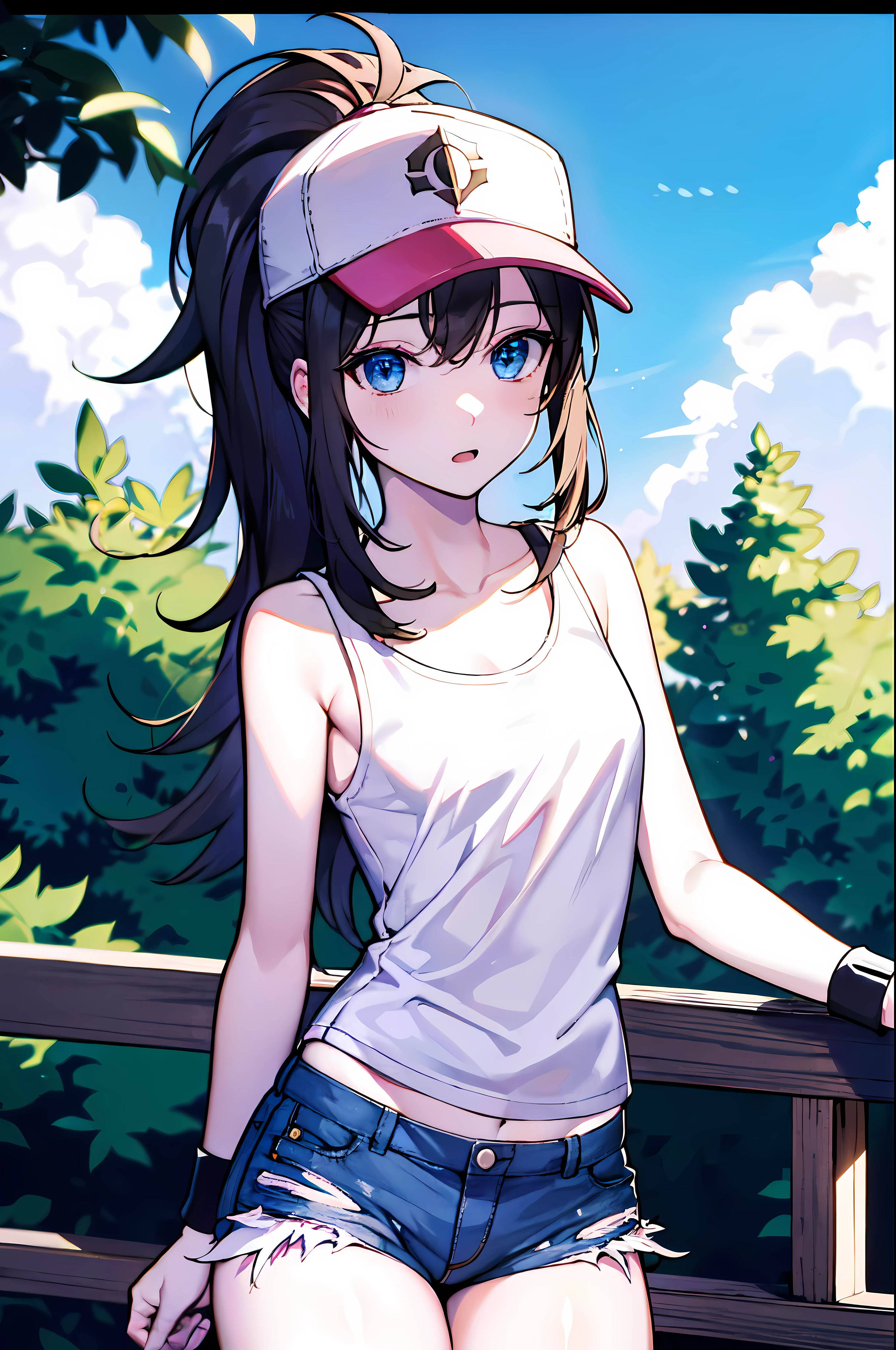 detailed, (masterpiece:1.2), (pale_skin:1.2), (solo:1.2), (female), (emphasis lines:1.3), slender, (brunette), outdoors, sky, bare shoulders, collarbone, wristbands, leaves, trees, blue eyes, ponytail, (sleeveless white shirt), ripped denim shorts, (cap), headwear, (adult:1.3)