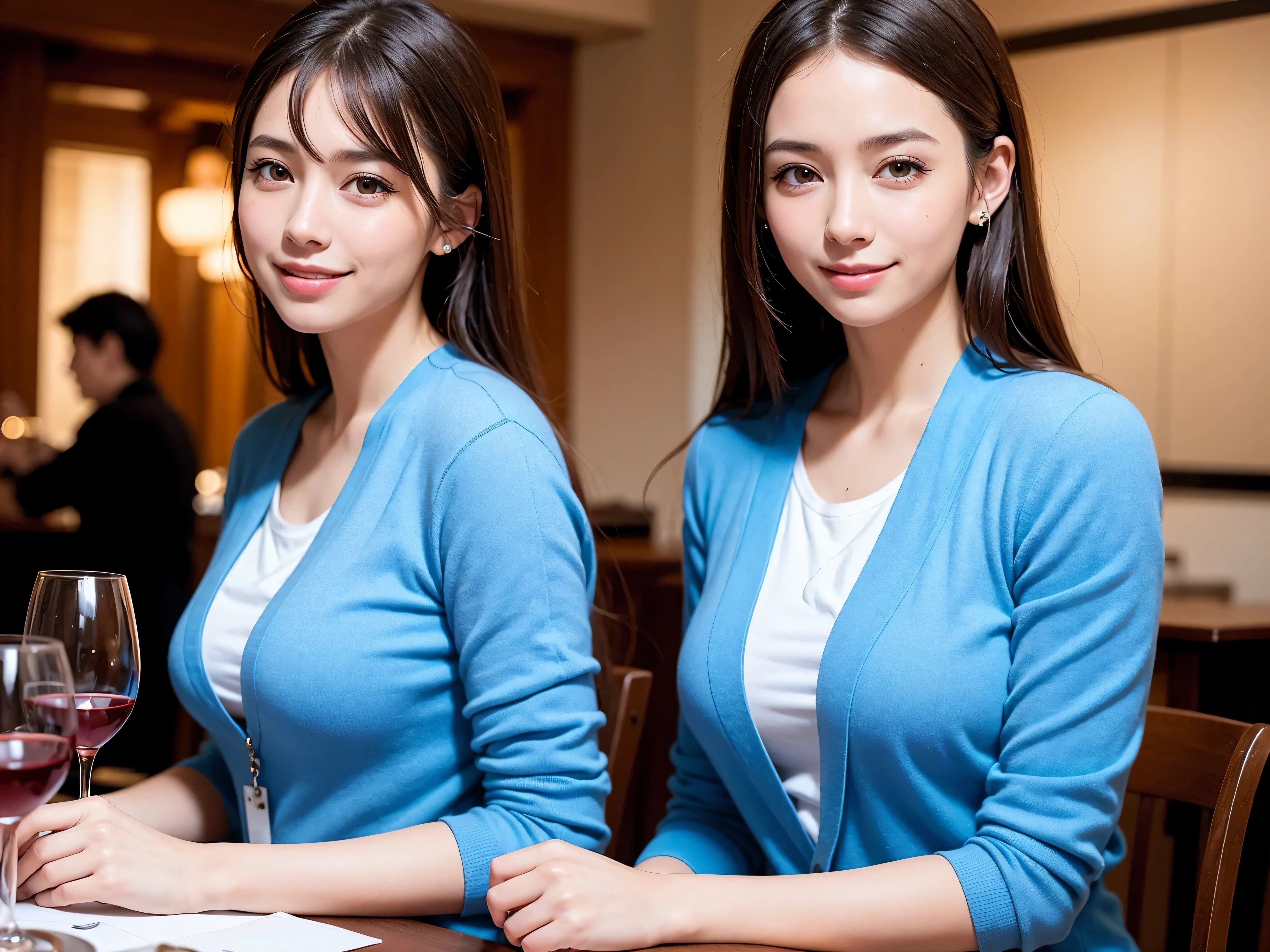 (including 64k, nffsw, highest quality, table top: 1.2), (realistic, photorealistic: 1.37), long sleeve shirt、winter fashion、Colombia、Brazilian、Japanese、Dutch、German、Portuguese、Belgian、Italian、french,champagne、Sparkling wine、 (slimフェイス), (slimボティ), (brown hair), (shortcut), Neat beauty、cheeks blush a little, (35 years old), 38 years old, alone, 窓の外には美しく緻密なnight景が広がります., restaurant, wine glassが座っている, nightに, in a prominent place (from the Upper body) nova frog style, actress, model, Upper body, White wine, slim, wine glass, Super Clean night View, wine glass Put in the Middle, Happy smile, (smile: 1.15), beautiful and detailed eyes, Upper body, bust japan up, night, short, short, actress, model, Upper body, White wine, slim, wine glass, Super Clean night View, wine glass Put in the Middle, Happy smile,