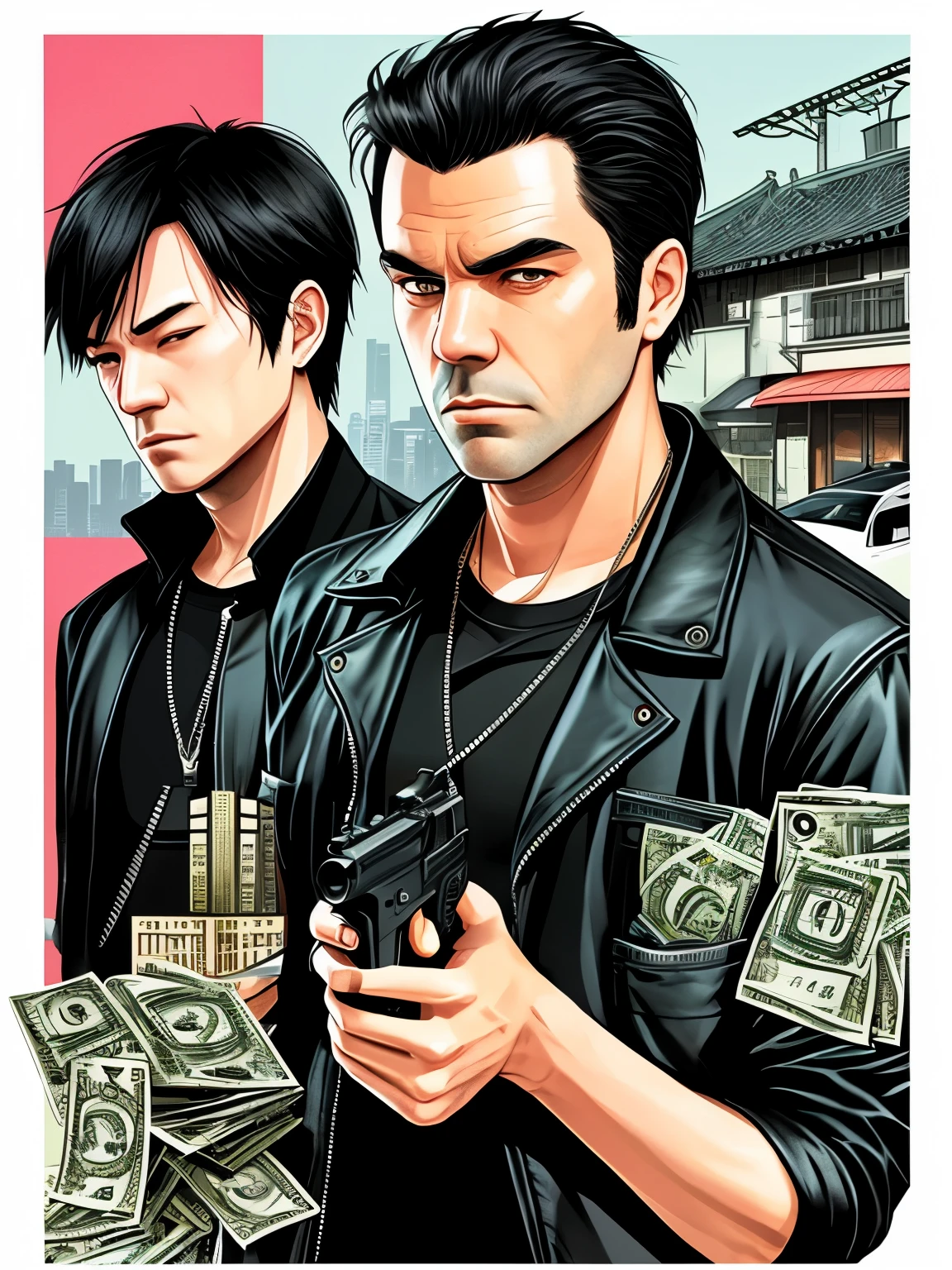 Grand Theft Auto 6 Design, Mafia , Full-color illustrations are realistic, Award-winning color illustration, (intricate details), (fine details)，hand gun