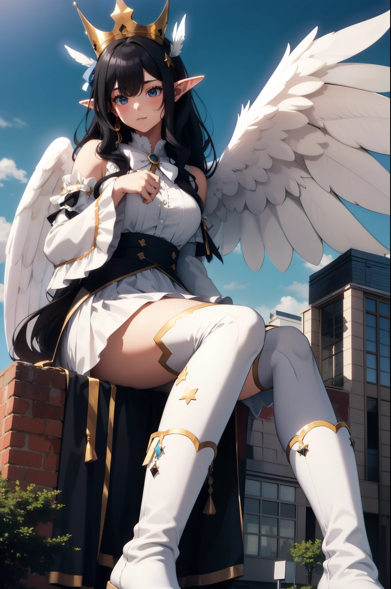 giant girl 50,000 feet high,Weight 1000kg,Has a pair of long legs,Open your eyes wide,Has a pair of huge white angel wings,With huge devil horns on his head,crown on head,Elf wearing white earrings,She has long black hair that reaches her feet,loose hair,Black wavy long curly hair,Wearing a pair of white boots,White sleeves,White Lolita long skirt,Long skirt with bow and star decorations,leaning on a tall building,Beautiful appearance,Exquisite makeup,quality,8k,高quality,Perfect proportion, Cinema lighting,film grain,Fuji colors,8k,textured skin,Super details,high detail,high resolution,Domineering,Strong,charming,blood stains,脚底有blood stains,whole body,Obese,elf princess,feather,flowers