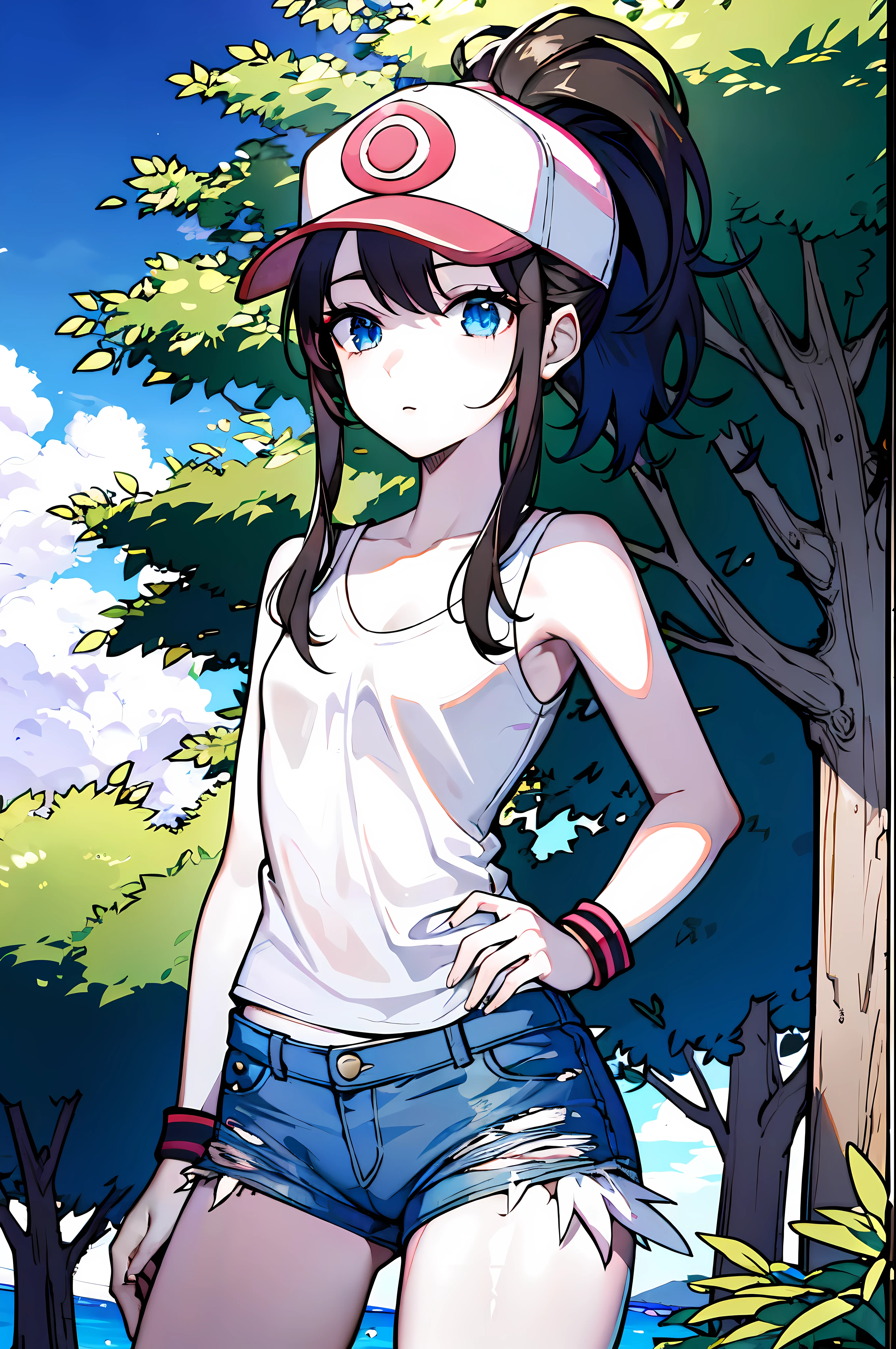 detailed, (masterpiece:1.2), (pale_skin:1.2), (solo:1.2), (female), (emphasis lines:1.3), slender, (brunette), outdoors, sky, bare shoulders, collarbone, wristbands, leaves, trees, blue eyes, ponytail, (sleeveless white shirt), ripped denim shorts, (cap), headwear, (adult:1.3)