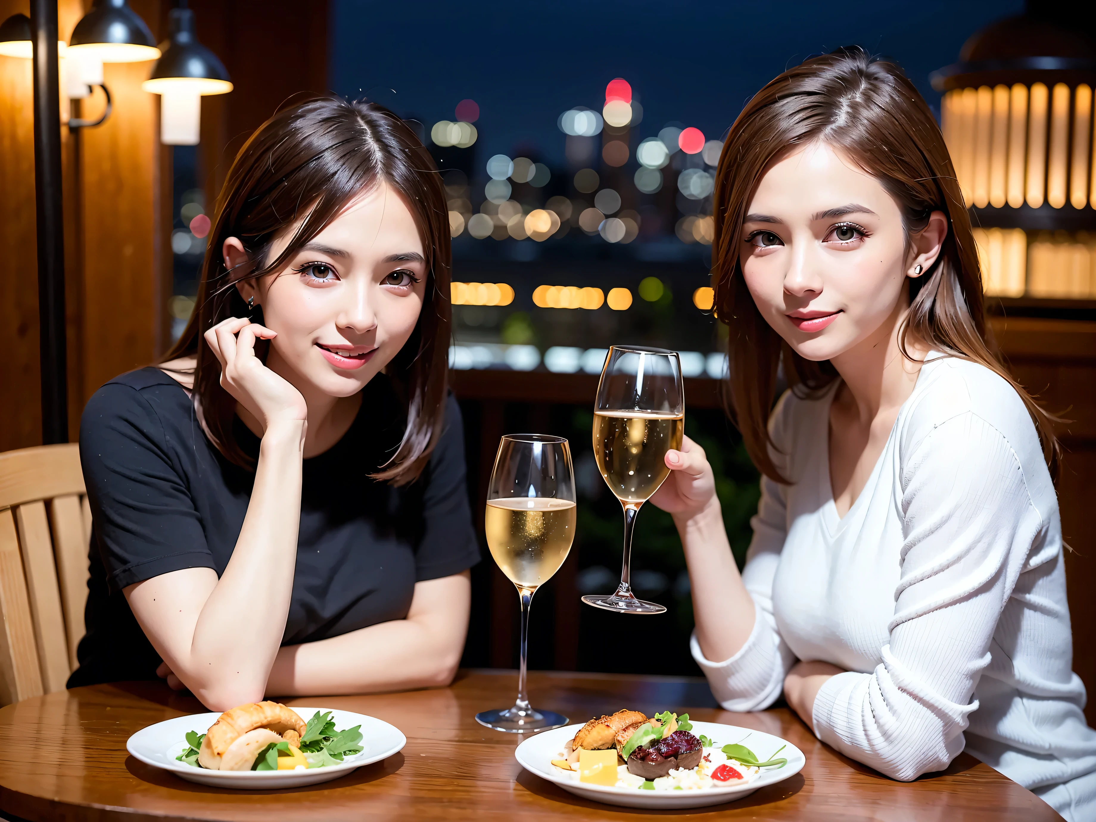 (including 64k, nffsw, highest quality, table top: 1.2), (realistic, photorealistic: 1.37), long sleeve shirt、winter fashion、Colombia、Brazilian、Japanese、Dutch、German、Portuguese、Belgian、Italian、french,champagne、Sparkling wine、 (slimフェイス), (slimボティ), (brown hair), (shortcut), Neat beauty、cheeks blush a little, (35 years old), 38 years old, alone, 窓の外には美しく緻密なnight景が広がります., restaurant, wine glassが座っている, nightに, in a prominent place (from the Upper body) nova frog style, actress, model, Upper body, White wine, slim, wine glass, Super Clean night View, wine glass Put in the Middle, Happy smile, (smile: 1.15), beautiful and detailed eyes, Upper body, bust japan up, night, short, short, actress, model, Upper body, White wine, slim, wine glass, Super Clean night View, wine glass Put in the Middle, Happy smile,