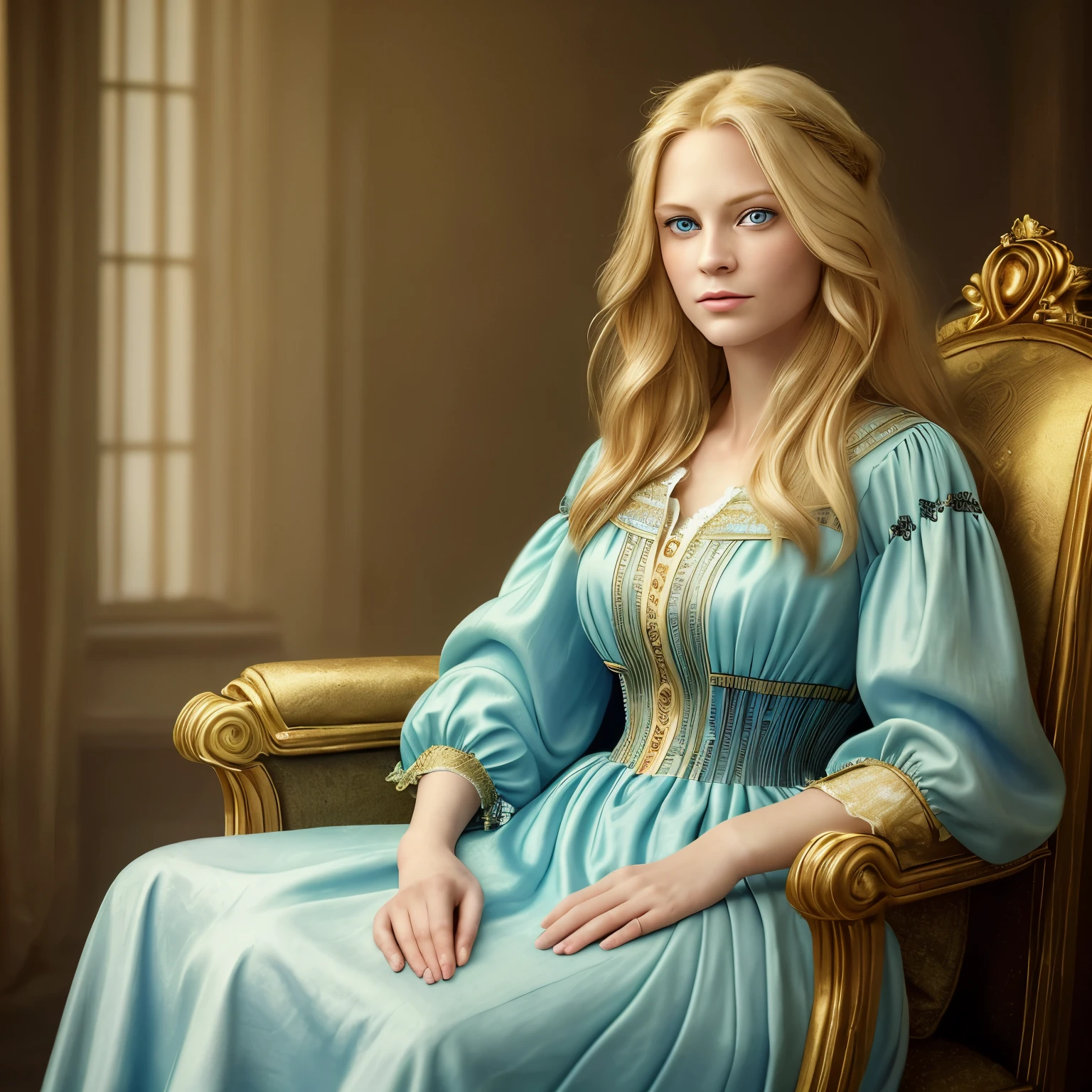 ((best quality)), ((masterpiece)), (detailed), perfect face, incredibly beautiful woman, thirty years old, with long golden blonde hair and light blue eyes, in long vintage dress, sitting in the armchair, photorealistic