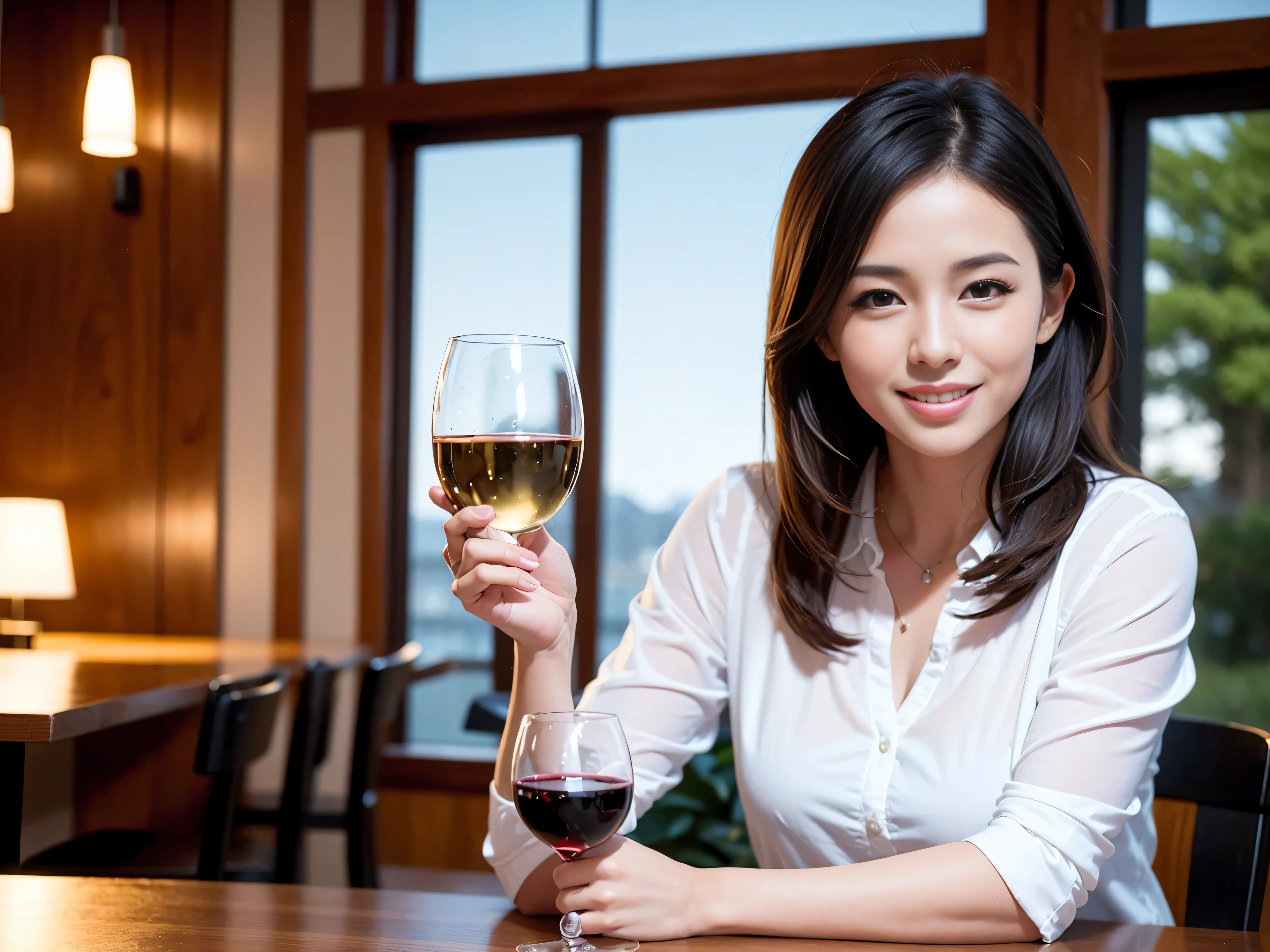 (including 64k, nffsw, highest quality, table top: 1.2), (realistic, photorealistic: 1.37), long sleeve shirt、winter fashion、Colombia、Brazilian、Japanese、Dutch、German、Portuguese、Belgian、Italian、french,champagne、Sparkling wine、 (slimフェイス), (slimボティ), (brown hair), (shortcut), Neat beauty、cheeks blush a little, (35 years old), 38 years old, alone, 窓の外には美しく緻密なnight景が広がります., restaurant, wine glassが座っている, nightに, in a prominent place (from the Upper body) nova frog style, actress, model, Upper body, White wine, slim, wine glass, Super Clean night View, wine glass Put in the Middle, Happy smile, (smile: 1.15), beautiful and detailed eyes, Upper body, bust japan up, night, short, short, actress, model, Upper body, White wine, slim, wine glass, Super Clean night View, wine glass Put in the Middle, Happy smile,