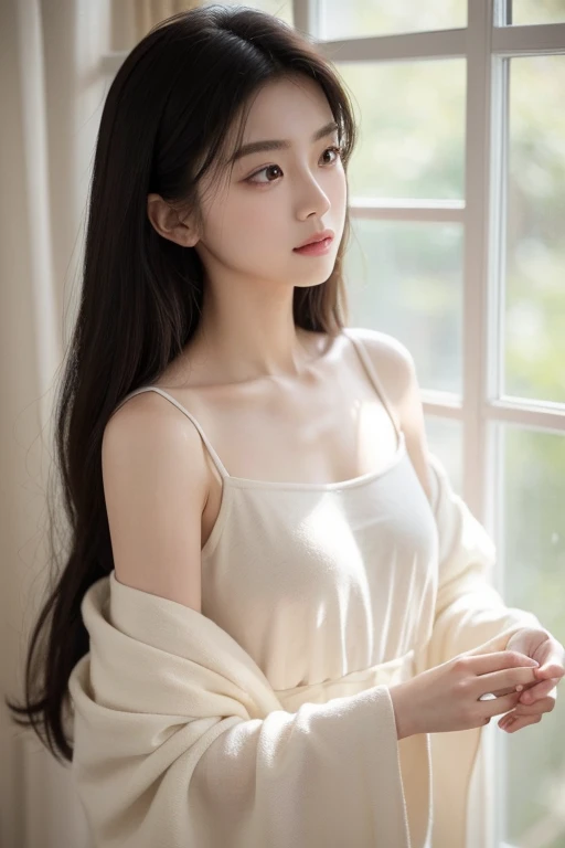 Sweet girl clothes9,yellow dress,, Film portrait photography， 1个Giant Breast Girl， Shoulder length wavy hair， peaceful， peacful， （Realistic and detailed eyes， Natural skin texture， Realistic facial details）， Soft dramatic lighting， Depth of field of view， vibrant detail， finely detailled， hyper realisitc