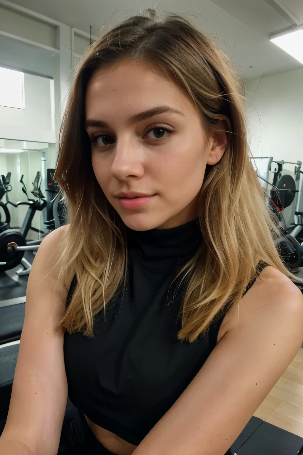 photorealistic, best quality, hyper detailed, natural looking selfie, beautiful slim young woman, natural light blonde hair, selfie, wearing a black matching gym set, fully clothed, at the gym, very pretty, indoors, daytime, (focused), sensual facial expression, moist lips, skin texture with perky 30G , ultra high res, best shadow, RAW, instagram LUT