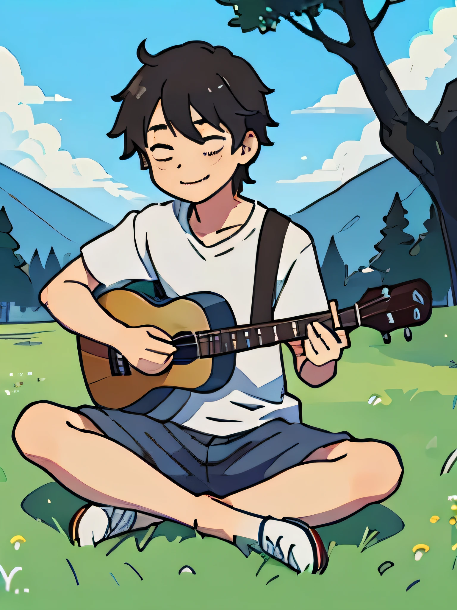 perfect anime illustration of a boy having short messy hair, sitting on grass, boy is playing ukulele, looking happy