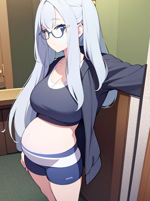 (Very high quality, detailed) A full body image of a pregnant girl wearing a sports bra, very thight shorts and glasses, she's standing barefoot and has very big breasts, long hair and a pretty thick body