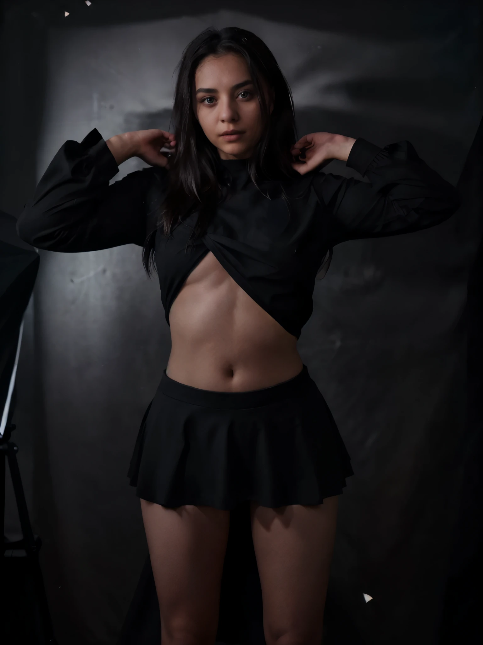 araffe woman in a black top and skirt posing for a picture, photo from a promo shoot, shot on canon eos r5, shot on canon eos r 5, promotional shot, shot at dark with studio lights,