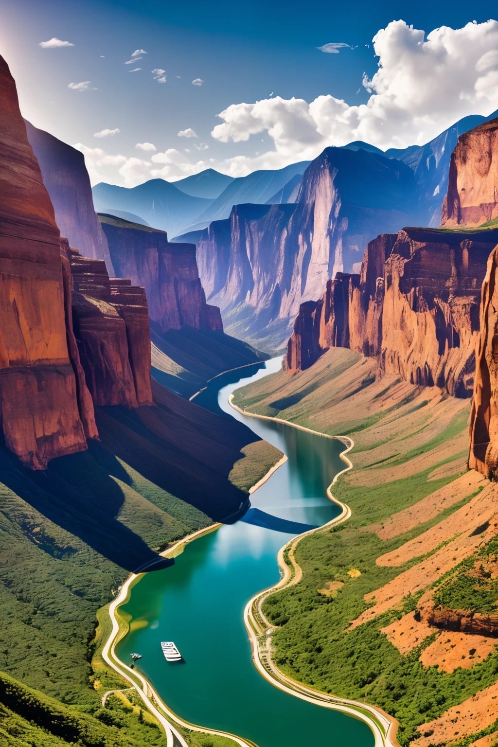 Amidst the expansive epic space of abstract art, "The Classic of Mountains and Rivers" comes to life in a layered masterpiece. Each curve and contour is meticulously rendered, creating a sense of depth and dimension that defies the classical two-dimensional plane. A violent and dramatic style is employed, with strong contrasts in color that highlight the intricacies of the layered mountain ranges and the tranquil rivers. In this four-dimensional distortion, abstract expressions of mountains and rivers converge, creating a breathtaking and awe-inspiring piece. --ar 3:4 --v 6.0 --s2