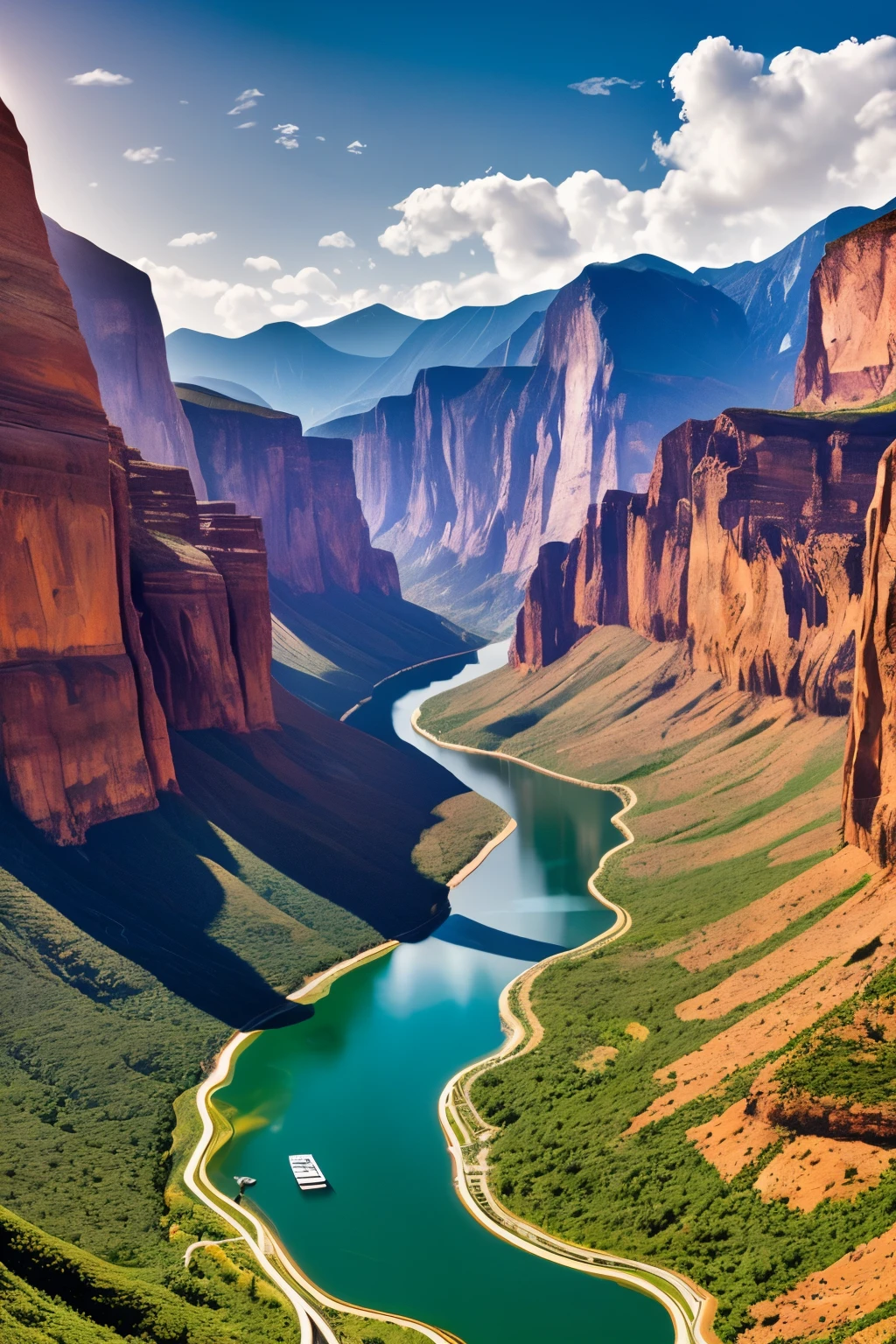 Amidst the expansive epic space of abstract art, "The Classic of Mountains and Rivers" comes to life in a layered masterpiece. Each curve and contour is meticulously rendered, creating a sense of depth and dimension that defies the classical two-dimensional plane. A violent and dramatic style is employed, with strong contrasts in color that highlight the intricacies of the layered mountain ranges and the tranquil rivers. In this four-dimensional distortion, abstract expressions of mountains and rivers converge, creating a breathtaking and awe-inspiring piece. --ar 3:4 --v 6.0 --s2