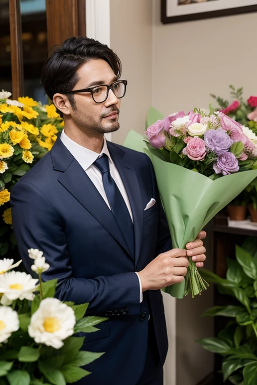 40 years old man，wear glasses，Suit，flower shop，Cartoon image