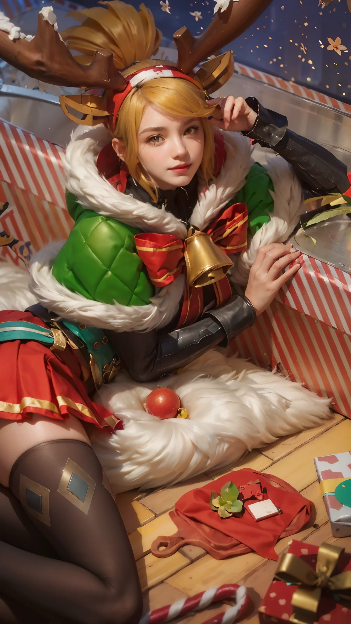 (female:1.2), 8k, ultra hd, ultra detailed texture, hyper realistic, masterpiece, detailed texture, detailed face, detailed skin, detailed lighting, (photorealistic:1.5), best quality, beautiful lighting, cinematic lighting, professional lighting, ultra highres, realistic, detailed hair, real hair, high quality, (realskin:1.5), extremely detailed, finely detail, ultra-detailed, 1girl, solo, (yellow eyes:1.5), glasses, black-framed eyewear, pink lips, parted lips, smile, teeth, white skin, nose, pretty, beautiful, make up, cute face, short hair, yellow hair, bangs, large breasts, thigh, ass, white uniform, blue skirt, black short pants, black legwear, iron knee armor, Long sleeve, sword, (holding sword), dual wielding, planted sword, blue bow, white beret, boots, fanny \(mobile legends\), knife in the thigh, depth of field, looking aways, skin tight, amazing pose, glowing, cloud, sky, outdoors, bird, fire, from below, blurry background.