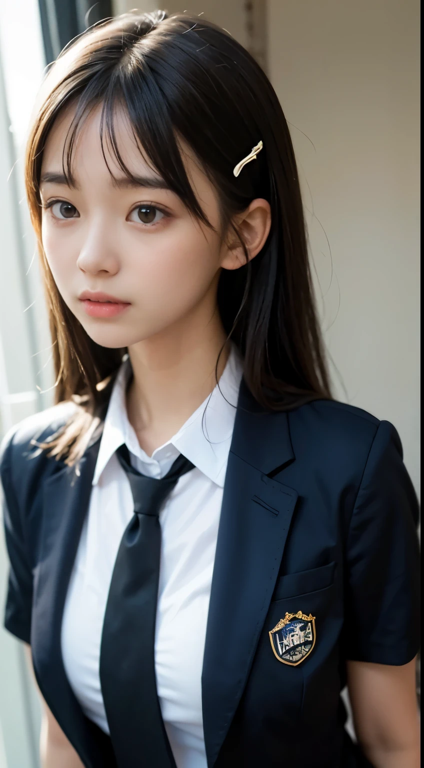 ((highest quality、Drawn details)、(I photographed the whole body、stand)、(tilt one&#39;s head)、Photographed from a side angle、17-year-old high school girl、very beautiful shape、Dark blue blazer uniform、dark blue mini skirt、white shirt、ribbon tie、Beautiful girl with black hair、black short hair、Secure your hair with white hairpins、Show ears、