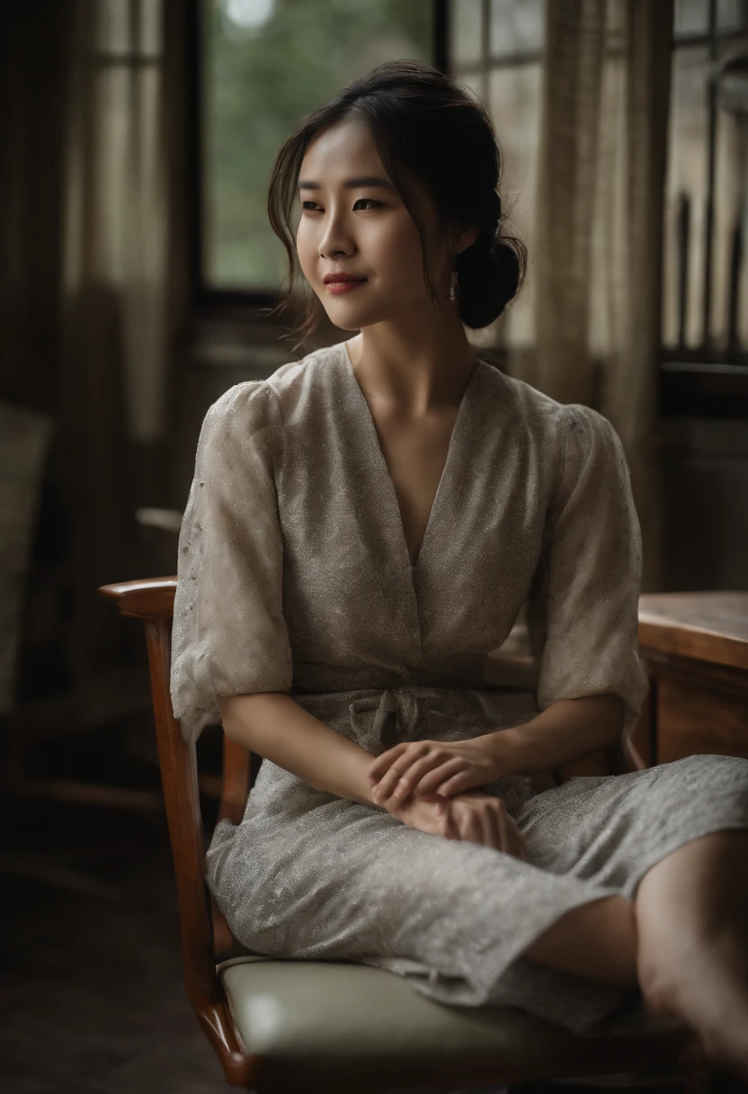 Japanese woman sitting on a chair with her legs spread apart,Lifting the front of the skirt,shy smile