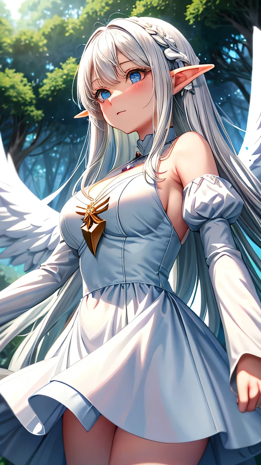 big breasts, elf in a dress, in the forest , Small curvaceous , white haired god, Cute anime wife in a nice dress, white hair girl, flowing gray hair, Cute girl anime visual, Angel , feathers are growing, white fur floating in the air, up of young anime girl,blue eyes , Upper body