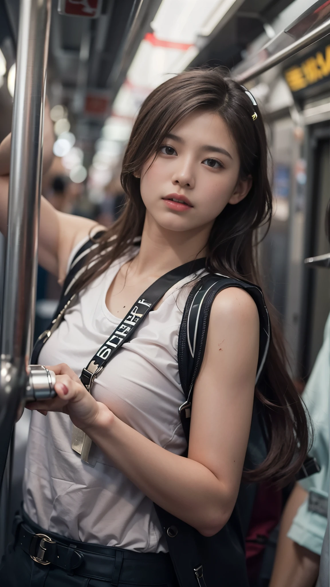best picture quality, 8K, high quality, masterpiece:1.2), ((masterpiece)), (high detail, high quality, best picture quality), bokeh, DOF, Portrait, open stance, (photo realistic), A sleeveless female worker, polite business wear (holding on to the train's suspension leathers) on a (crowded subway train), (her armpits fully visible),