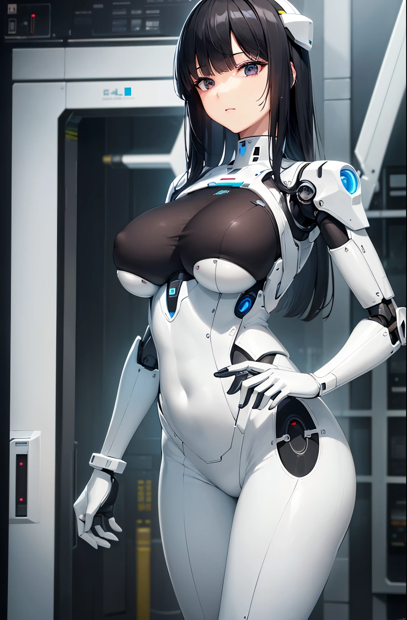 masterpiece, highest quality, very detailed, (8K, 4K, highest quality, High resolution, Super high resolution:1.1), (table top, realistic, Photoreal:1.1),8K portrait, Japaese アンdroid Girl,Plump , announcer,Control panel,アンdroid,droid,mechanical hand, robot arms and legs, black robot parts,black hair,Machine body,dull bangs,perfect mechanical abdomen,white robot parts,perfect robot woman,future Research room,cyber punk,Charging spot,Research room,long tube,A thick cable was connected to her neck.,ceramic body ,The body of the perfect machine, White robot body,solder antenna,mechanical ear covers,アンdroid,robot humanoid,black sponge joint,Removable cover is located in the crotch area,The connection port is in the crotch,open chest panel,Chest access panel,open chest panel,perfect mechanical chest,White fuselage,White robot body,white ceramic chest,perfect plastic breasts,she repaired,assembly factory,mini skirt,leather boots