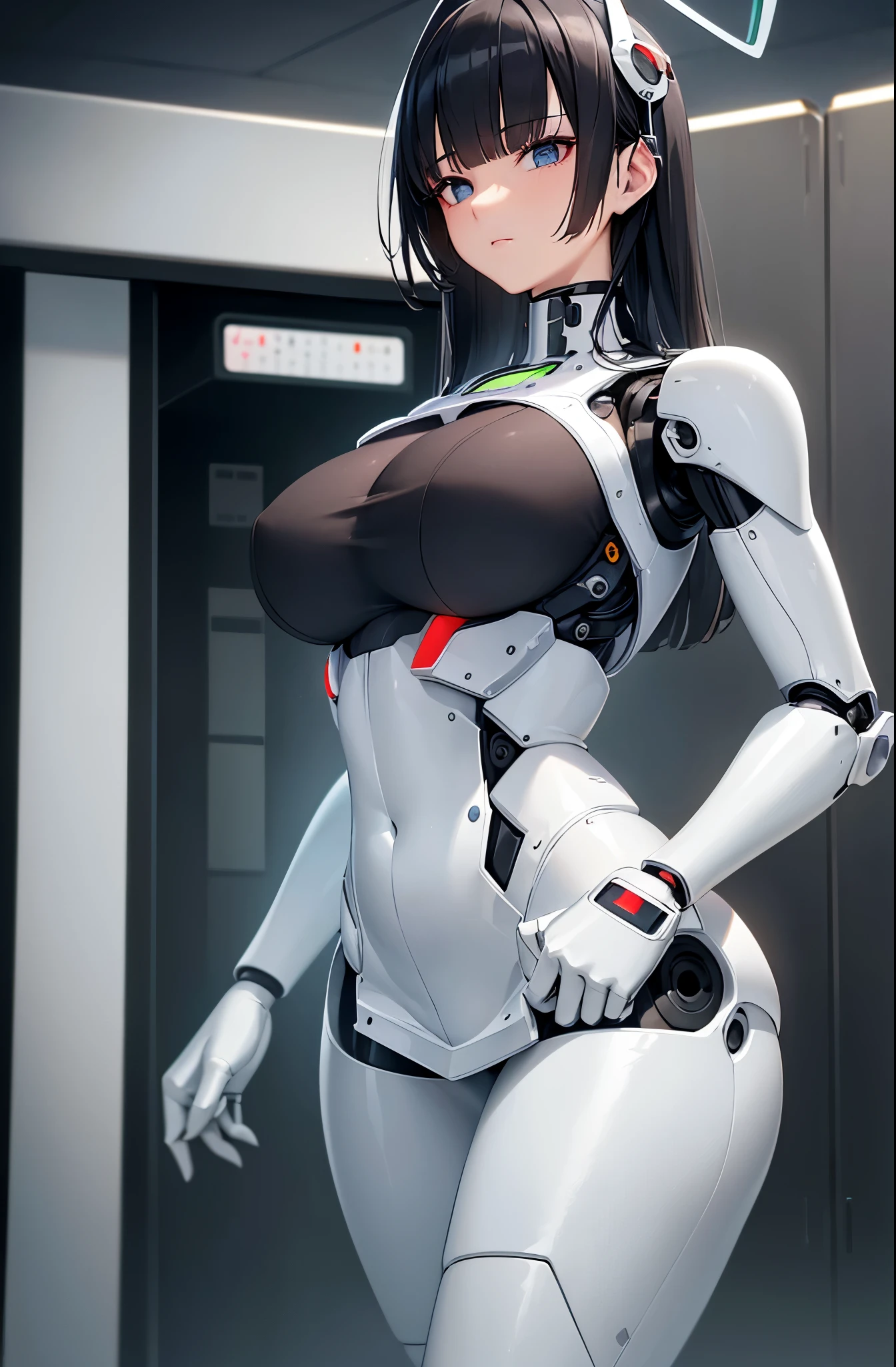 masterpiece, highest quality, very detailed, (8K, 4K, highest quality, High resolution, Super high resolution:1.1), (table top, realistic, Photoreal:1.1),8K portrait, Japaese アンdroid Girl,Plump , announcer,Control panel,アンdroid,droid,mechanical hand, robot arms and legs, black robot parts,black hair,Machine body,dull bangs,perfect mechanical abdomen,white robot parts,perfect robot woman,future Research room,cyber punk,Charging spot,Research room,long tube,A thick cable was connected to her neck.,ceramic body ,The body of the perfect machine, White robot body,solder antenna,mechanical ear covers,アンdroid,robot humanoid,black sponge joint,Removable cover is located in the crotch area,The connection port is in the crotch,open chest panel,Chest access panel,open chest panel,perfect mechanical chest,White fuselage,White robot body,white ceramic chest,perfect plastic breasts,she repaired,assembly factory,mini skirt,leather boots