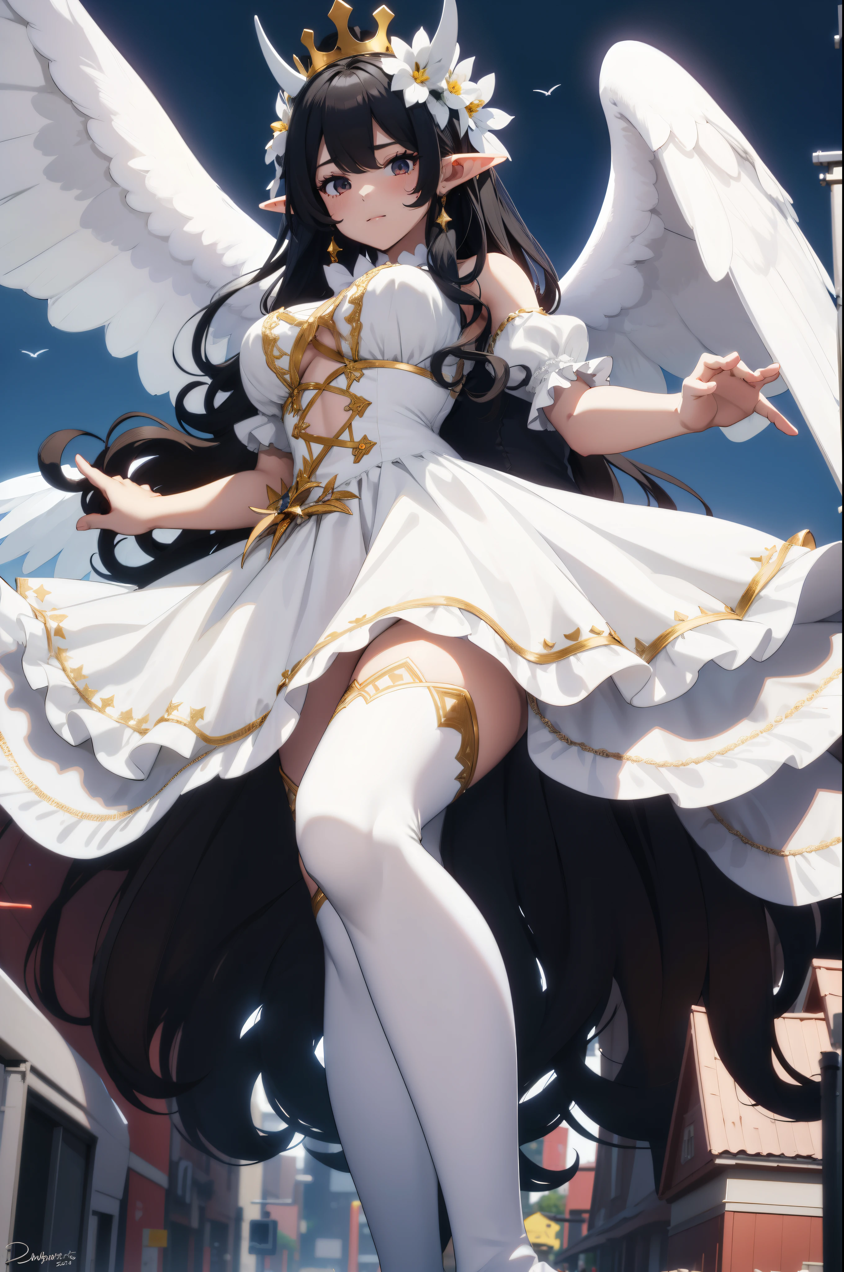 giant girl 50,000 feet high，Weight 1000kg，Have a pair of long legs，Keep your eyes open，Has three pairs of huge white angel wings，With huge devil horns on his head，There are nine fox tails，wear a crown on your head，Elf wearing white earrings，She has long black hair that reaches her feet，loose hair，Black wavy long curly hair，Wearing a pair of white boots on her feet，white sleeves，White Lolita long dress，Bow and star embellished long dress，Leaning on a tall building，Beautiful appearance，Exquisite makeup，quality，8k，高quality，Perfect proportion, Cinema lighting，film grain，Fuji colors，8k，textured skin，Super details，high detail，high resolution，domineering，strong，charming，blood stains，脚底有blood stains，whole body，fat，elf princess，feather，flowers