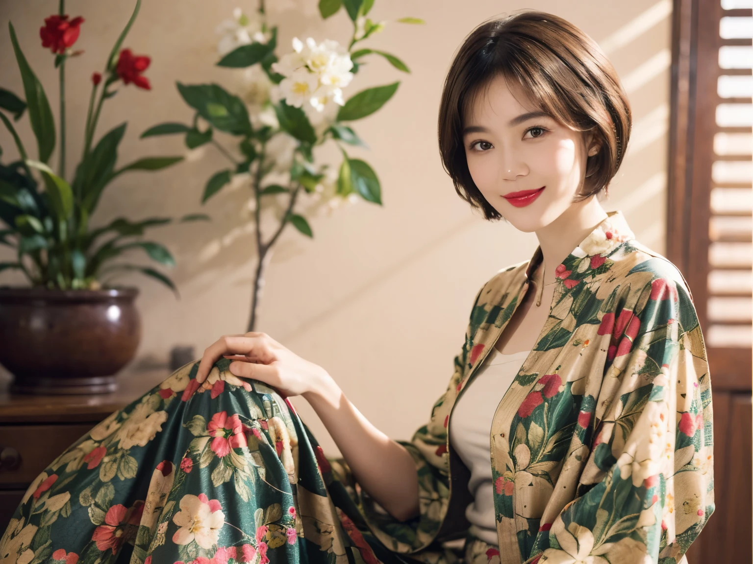 149
(20 year old woman,floral print outfit,pants), (Super realistic), (high resolution), ((beautiful hairstyle 46)), ((short hair:1.46)), (gentle smile), (brest:1.1), (lipstick)
