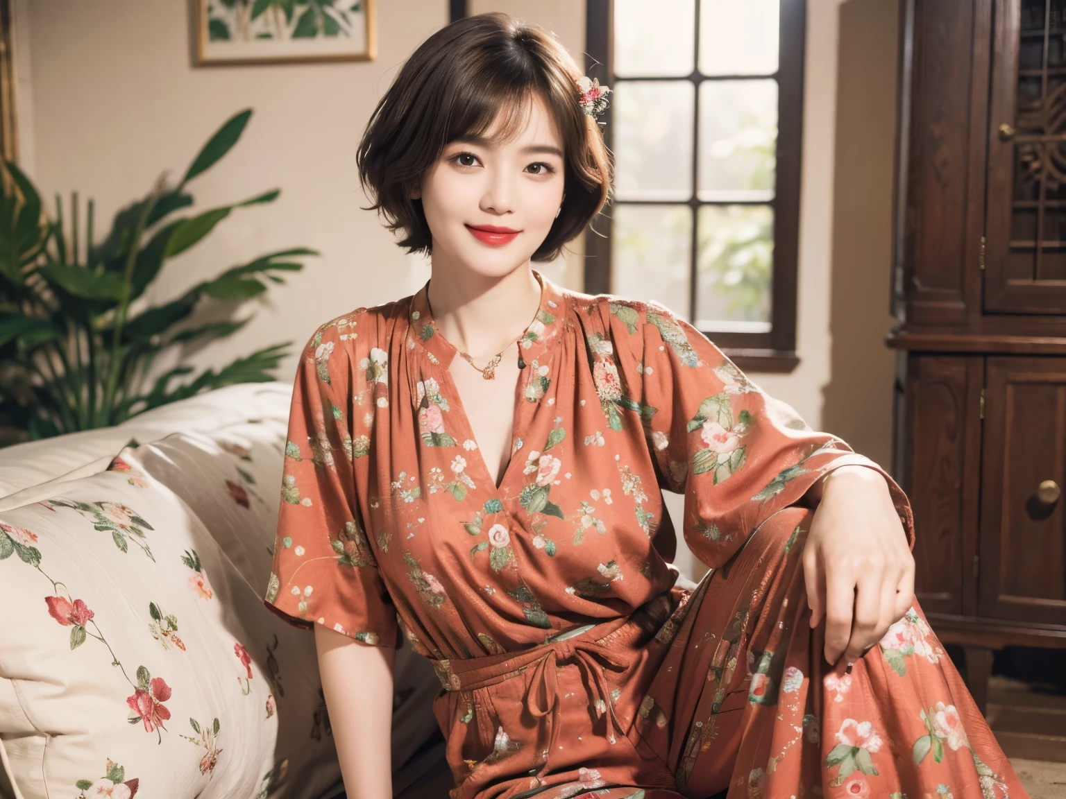149
(20 year old woman,floral print outfit,pants), (Super realistic), (high resolution), ((beautiful hairstyle 46)), ((short hair:1.46)), (gentle smile), (brest:1.1), (lipstick)