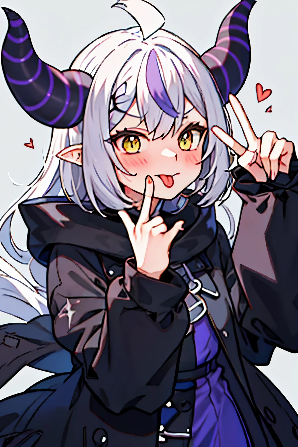 simple background,la+ darkness,black coat,black dress,white sleeves,sleeves past finger,sleeves past wrists,heart hands,own hands together,tgout, tongue out, tongue,open mouth