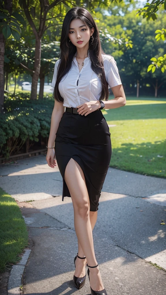 highest resolution, 8K, high definition, (My hair is long to my legs., straight hair, black hair), นักศึกษาthailand, woman, half-caste, thailand, Japan, Korea, Height 173 centimeters, ((stand, walk)), (Beautiful face, แต่งBeautiful face, Double eyelids, red lips), (womanที่สวยงาม, The texture is realistic.), (white short sleeve shirt thin shirt, collar shirt, With metal buttons), (Huge breasts, Breast augmentation, big breast, Big tits, plump tits, Fluffy milk, Huge breasts), (short black pencil skirt, Very short, Side incision, กระโปรงพร้อมbeltwoman, tight), (Symmetrical shape, sexy figure, small waist, Long legs, Beautiful thighs), (Pitch black high heels, earring, Put on a watch, belt), full body photo, Look at every part of the body., (university backdrop, building, building, lawn, outdoor sports field)