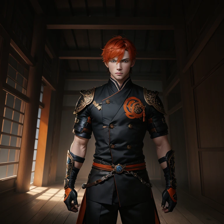 masterpiece, highest quality, Tartagria (genshin impact), gloves, , male focus, 1 boy, blue eyes, black , alone, orange hair, bangs, , hair between eyes, Handsome guy、muscular beauty、A body that wants to be held、boyfriend
